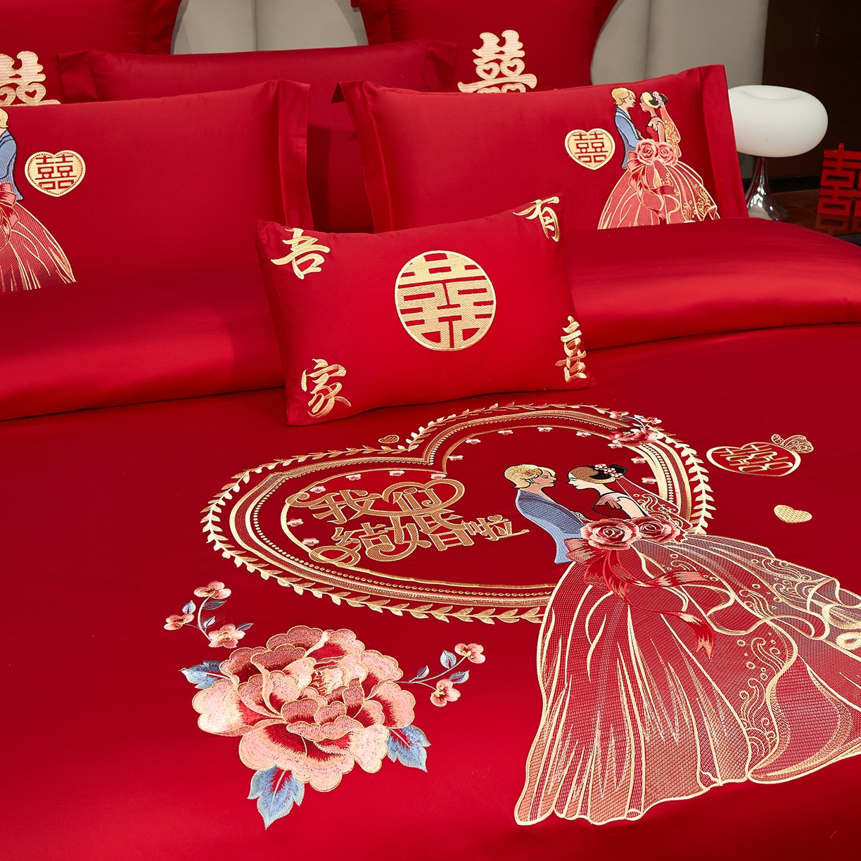 91家纺网 家纺一手货源 找家纺 浩情国际婚庆供货中心 2026新款100%全棉长绒棉纯棉婚庆四件套结婚刺绣六件套多件套长期供货 （提供买家秀） 爱的誓言