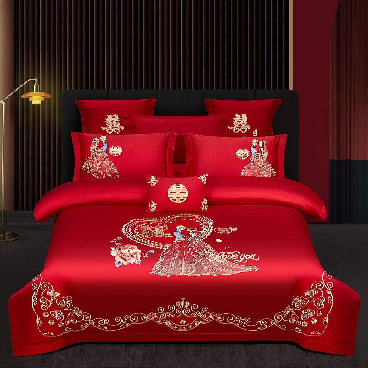 浩情国际婚庆供货中心 2026新款100%全棉长绒棉纯棉婚庆四件套结婚刺绣六件套多件套长期供货 （提供买家秀） 爱的誓言