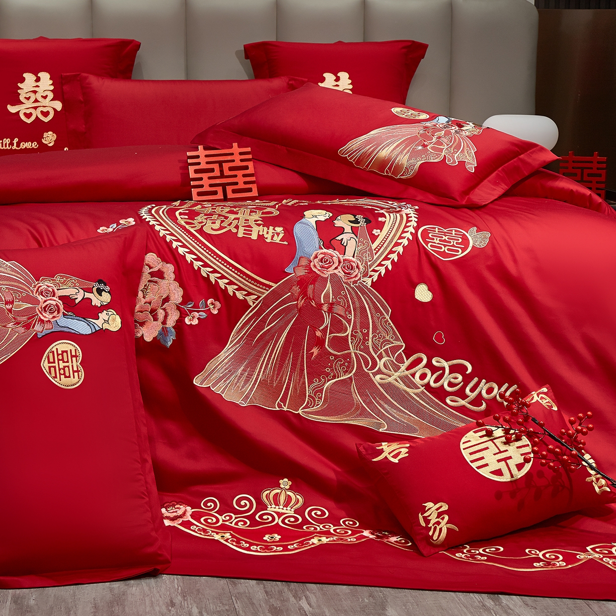 91家纺网 家纺一手货源 找家纺 浩情国际婚庆供货中心 2026新款100%全棉长绒棉纯棉婚庆四件套结婚刺绣六件套多件套长期供货 （提供买家秀） 爱的誓言