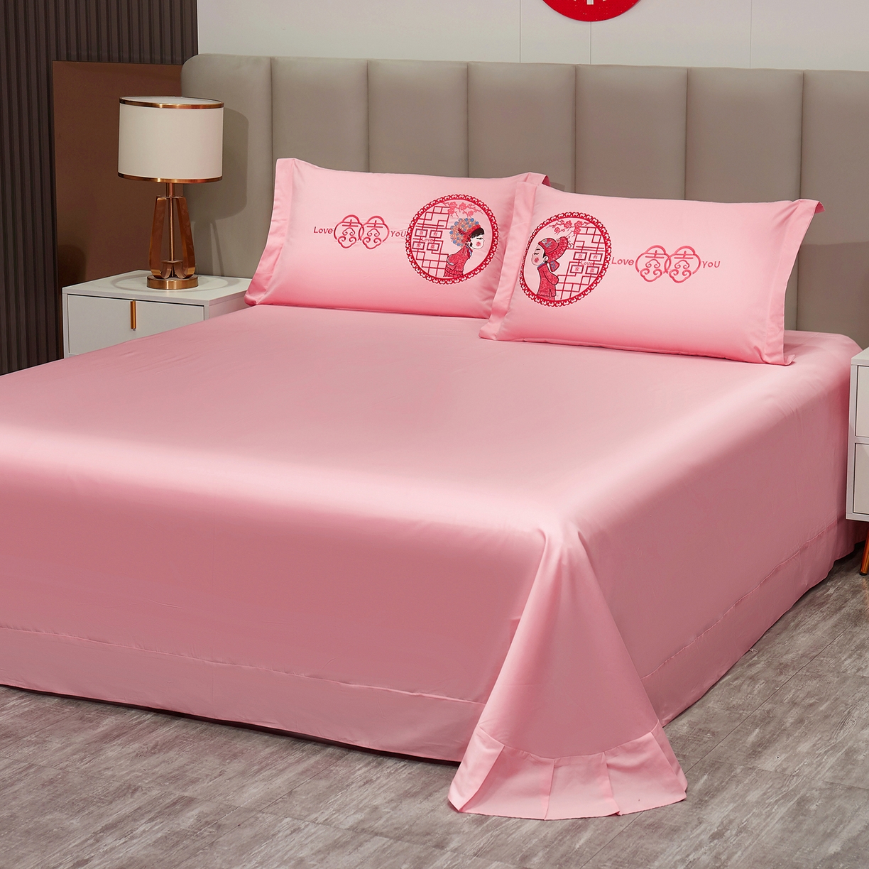 91家纺网 家纺一手货源 找家纺 浩情国际婚庆供货中心 2026新款100%全棉长绒棉纯棉婚庆四件套结婚刺绣六件套多件套长期供货 （提供买家秀） 爱在一起-粉玉