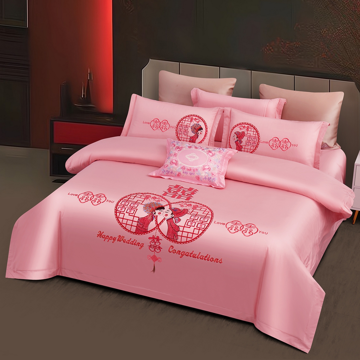 91家纺网 家纺一手货源 找家纺 浩情国际婚庆供货中心 2026新款100%全棉长绒棉纯棉婚庆四件套结婚刺绣六件套多件套长期供货 （提供买家秀） 爱在一起-粉玉