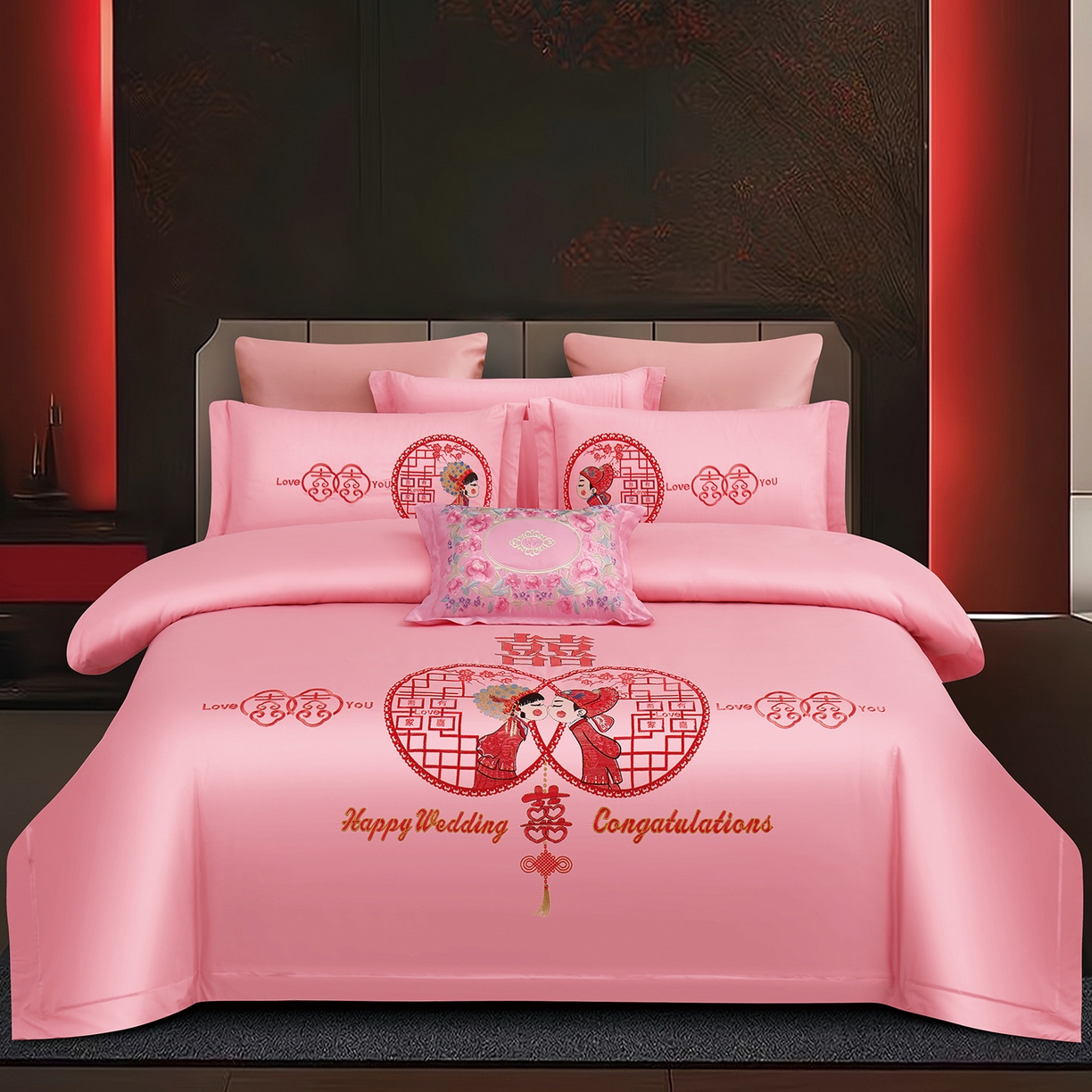 浩情国际婚庆供货中心 2026新款100%全棉长绒棉纯棉婚庆四件套结婚刺绣六件套多件套长期供货 （提供买家秀） 爱在一起-粉玉