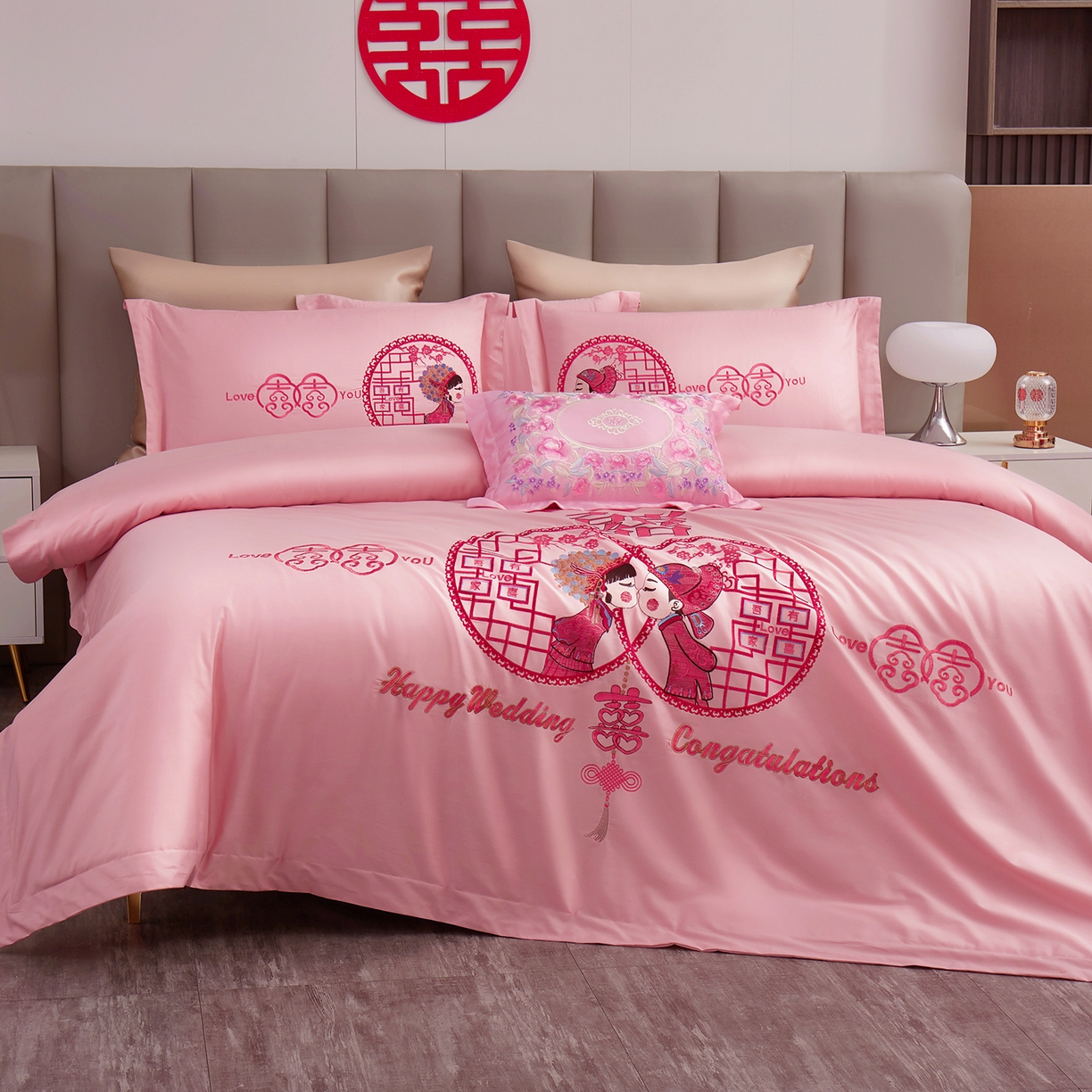 91家纺网 家纺一手货源 找家纺 浩情国际婚庆供货中心 2026新款100%全棉长绒棉纯棉婚庆四件套结婚刺绣六件套多件套长期供货 （提供买家秀） 爱在一起-粉玉