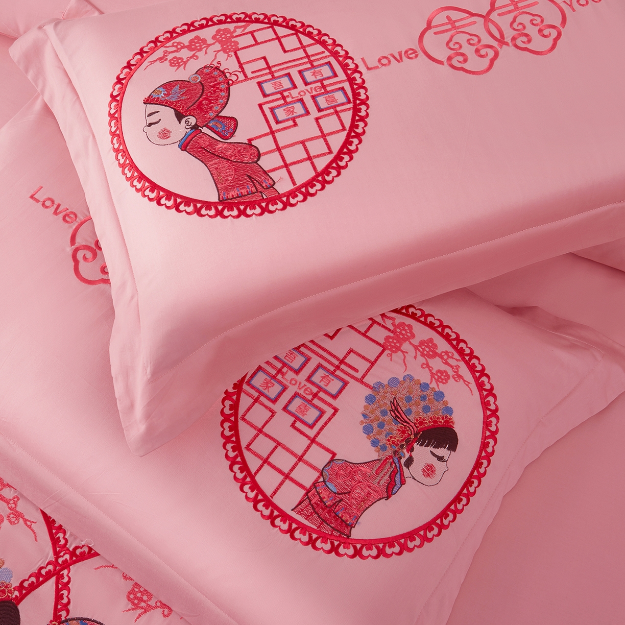 91家纺网 家纺一手货源 找家纺 浩情国际婚庆供货中心 2026新款100%全棉长绒棉纯棉婚庆四件套结婚刺绣六件套多件套长期供货 （提供买家秀） 爱在一起-粉玉