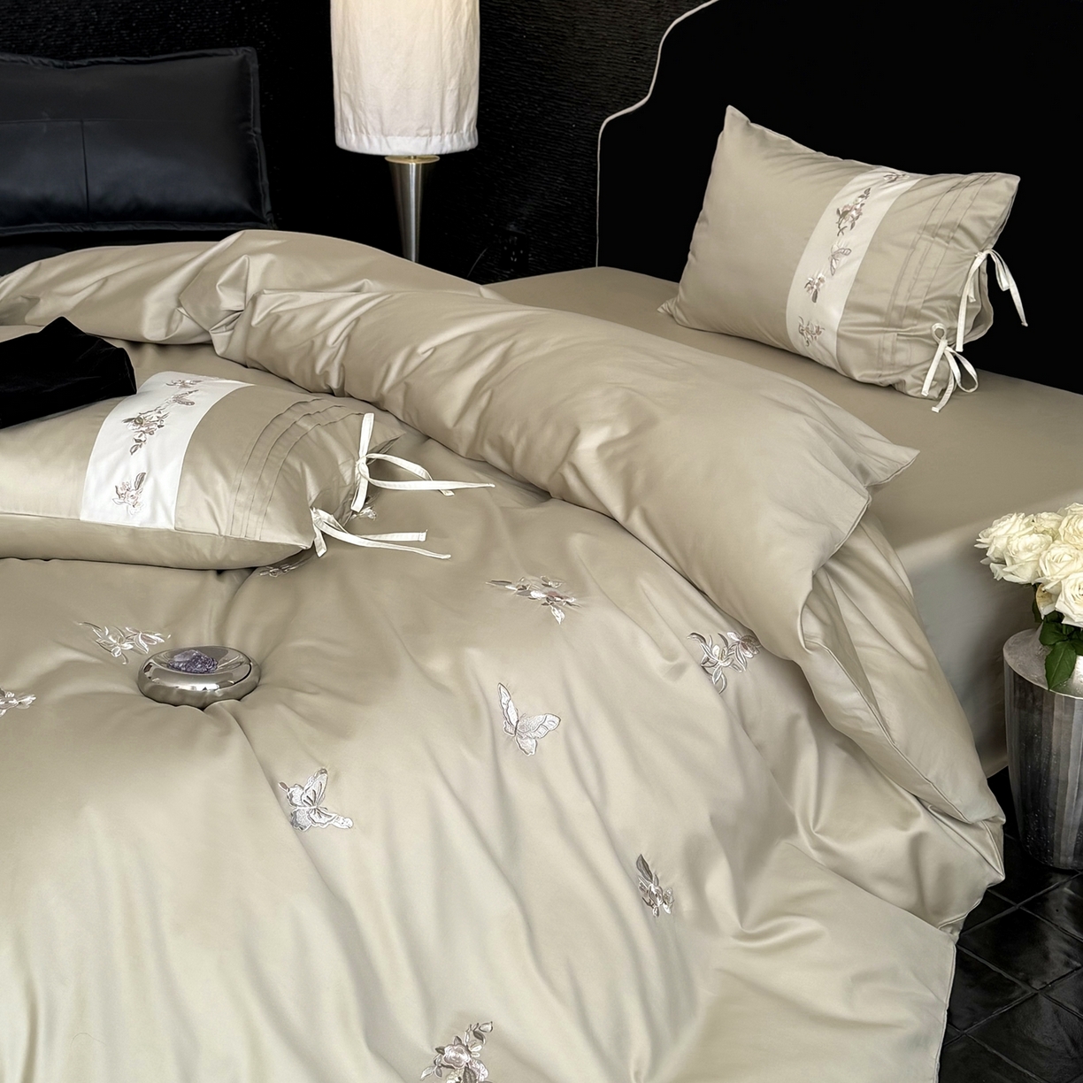 91家纺网 家纺一手货源 找家纺 鹿班家居 2026新款100s长绒棉纯棉刺绣四件套-境花辞（标准会员-20元） 境花辞-水绿