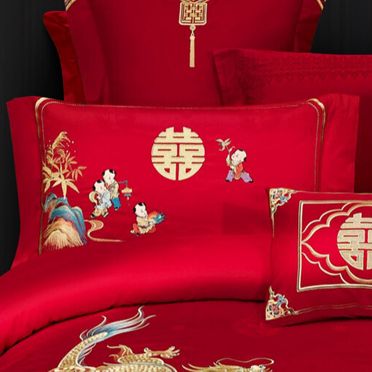 91家纺网 家纺一手货源 找家纺 浩情国际婚庆供货中心 2026新款100%全棉长绒棉纯棉婚庆四件套结婚刺绣六件套多件套长期供货 （提供买家秀） 多子多福