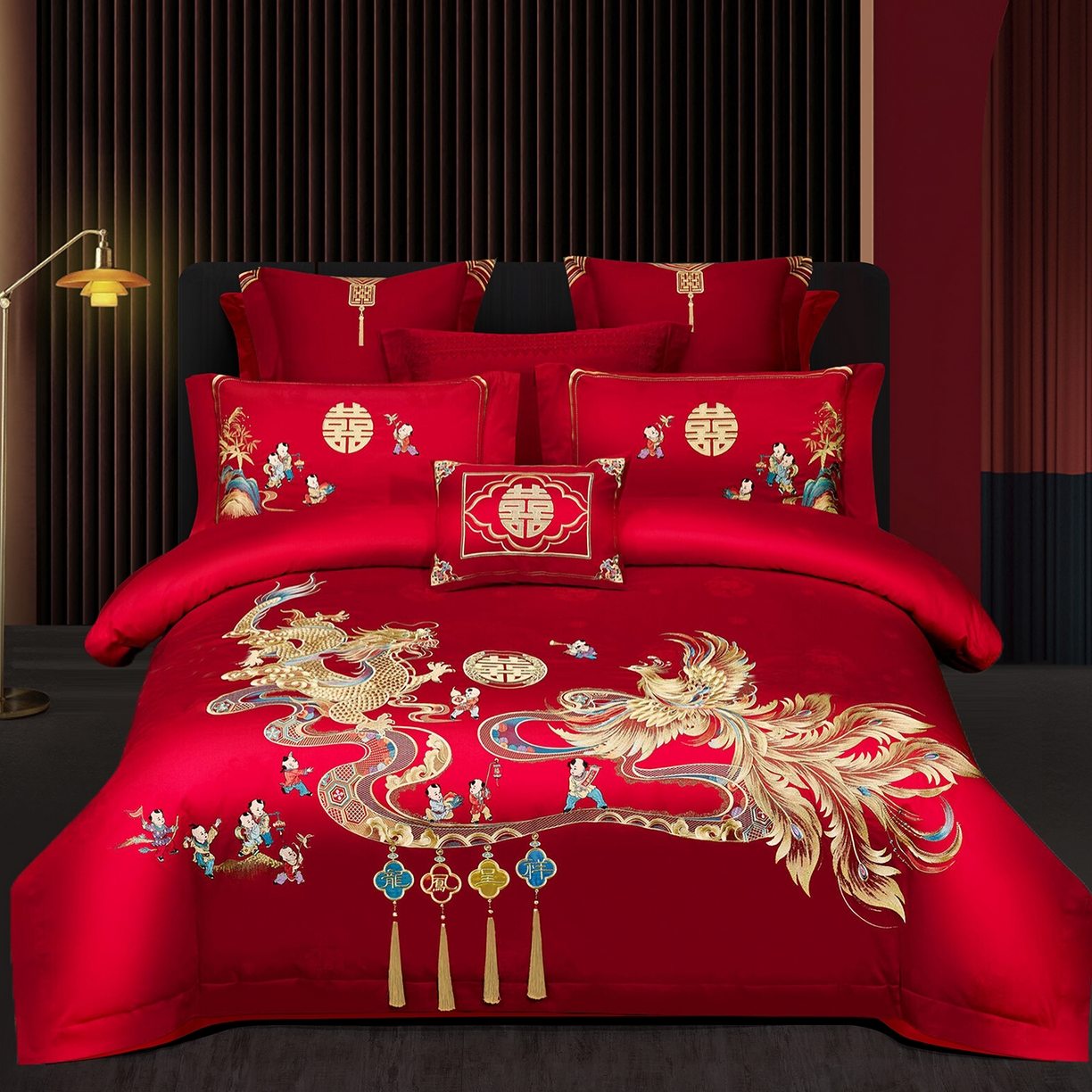 浩情国际婚庆供货中心 2026新款100%全棉长绒棉纯棉婚庆四件套结婚刺绣六件套多件套长期供货 （提供买家秀） 多子多福