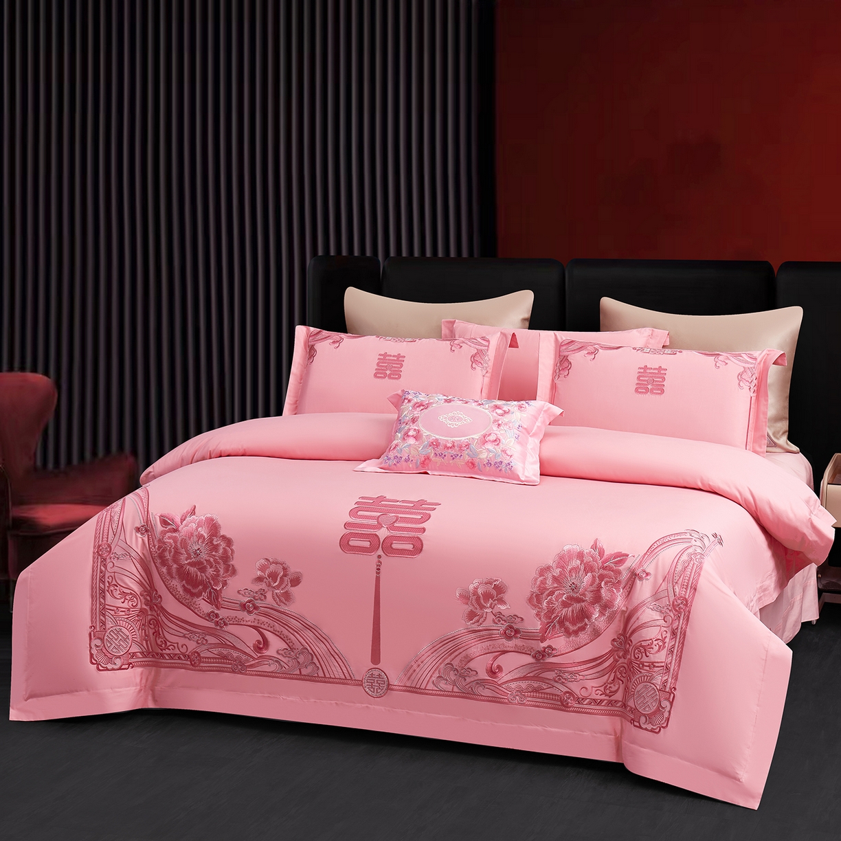 91家纺网 家纺一手货源 找家纺 浩情国际婚庆供货中心 2026新款100%全棉长绒棉纯棉婚庆四件套结婚刺绣六件套多件套长期供货 （提供买家秀） 红粉佳人-粉玉