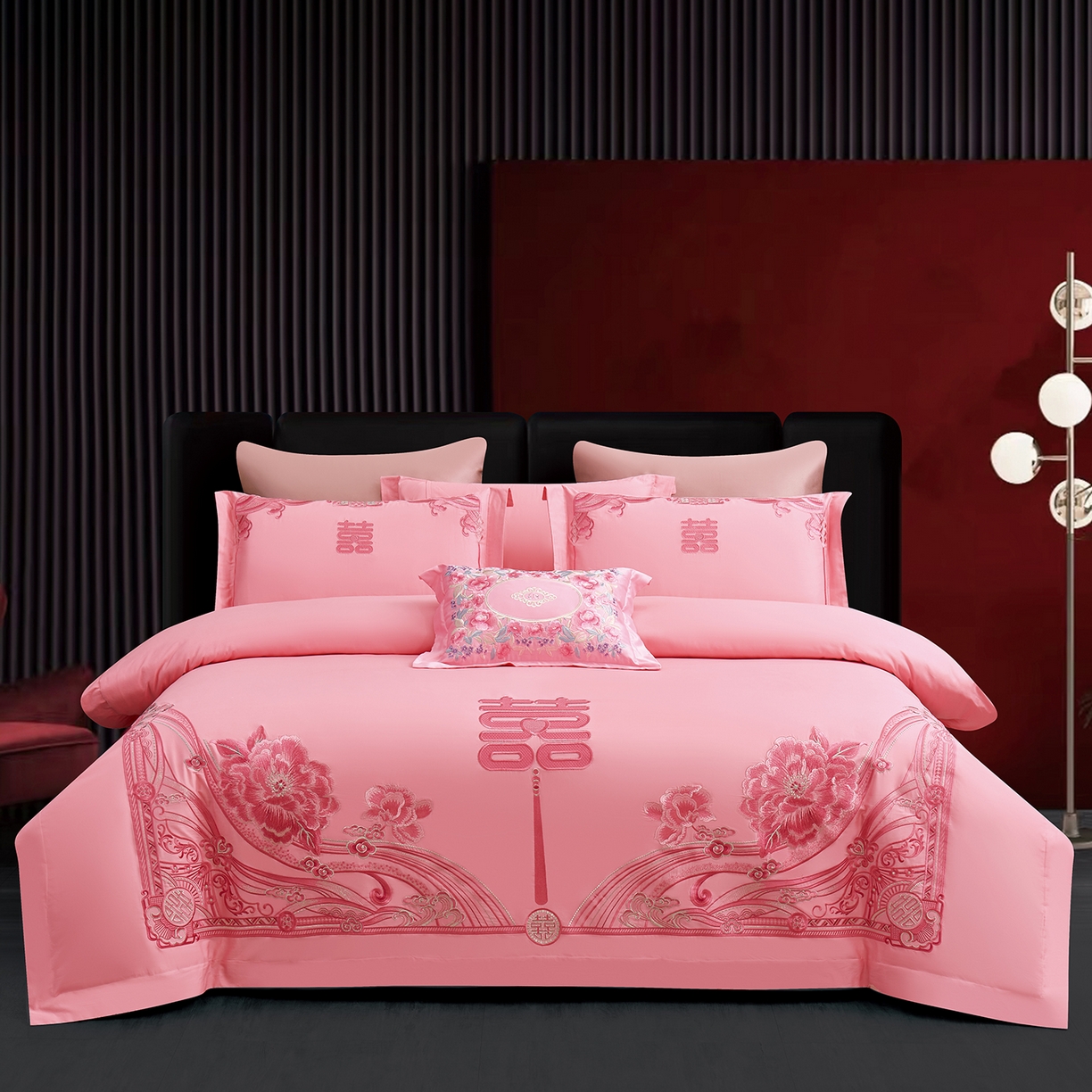 浩情国际婚庆供货中心 2026新款100%全棉长绒棉纯棉婚庆四件套结婚刺绣六件套多件套长期供货 （提供买家秀） 红粉佳人-粉玉