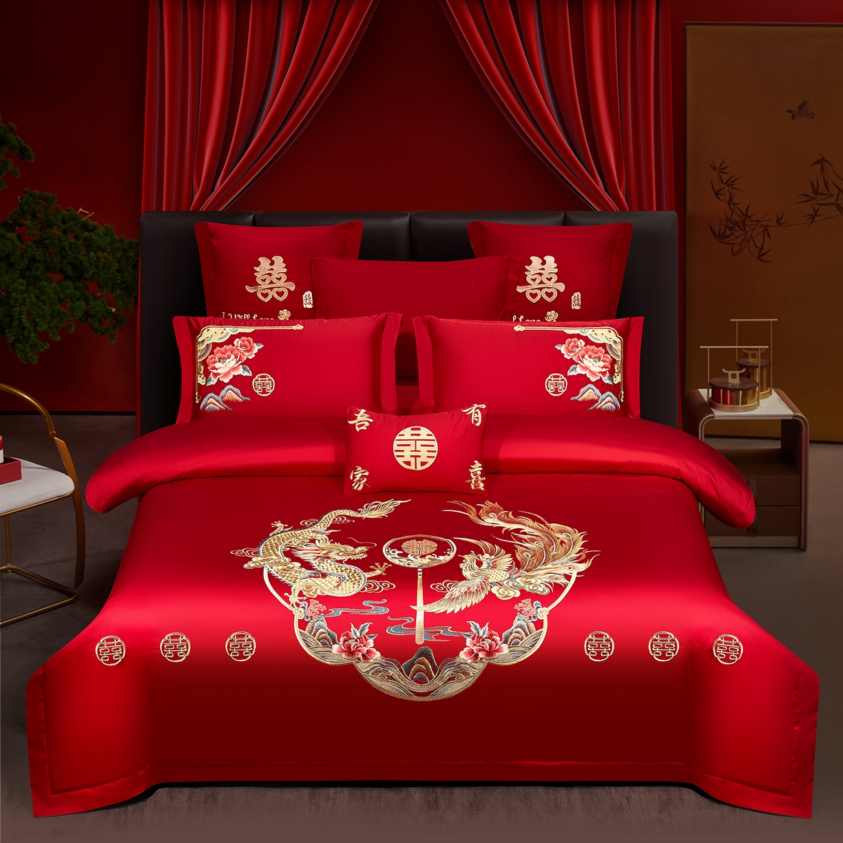 浩情国际婚庆供货中心 2026新款100%全棉长绒棉纯棉婚庆四件套结婚刺绣六件套多件套长期供货 （提供买家秀） 皇家龙凤