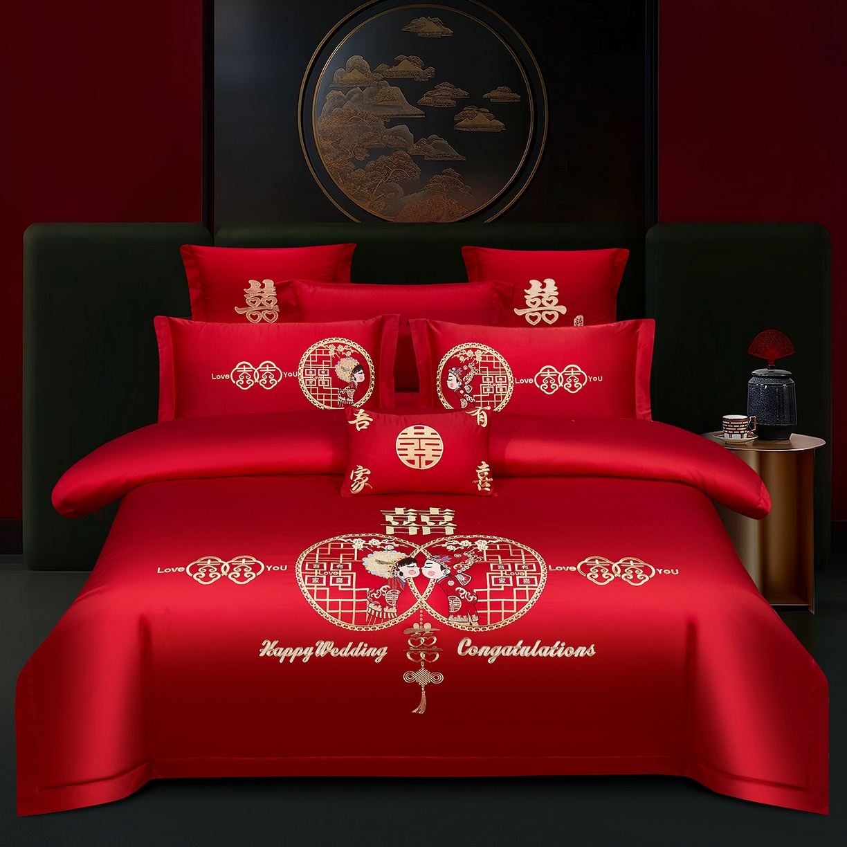 浩情国际婚庆供货中心 2026新款100%全棉长绒棉纯棉婚庆四件套结婚刺绣六件套多件套长期供货 （提供买家秀） 郎才女貌-金