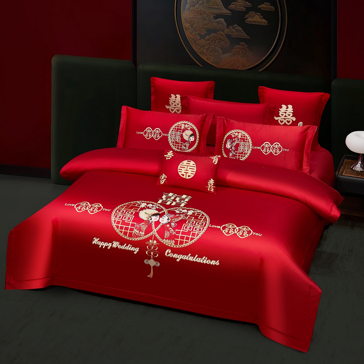 91家纺网 家纺一手货源 找家纺 浩情国际婚庆供货中心 2026新款100%全棉长绒棉纯棉婚庆四件套结婚刺绣六件套多件套长期供货 （提供买家秀） 郎才女貌-金