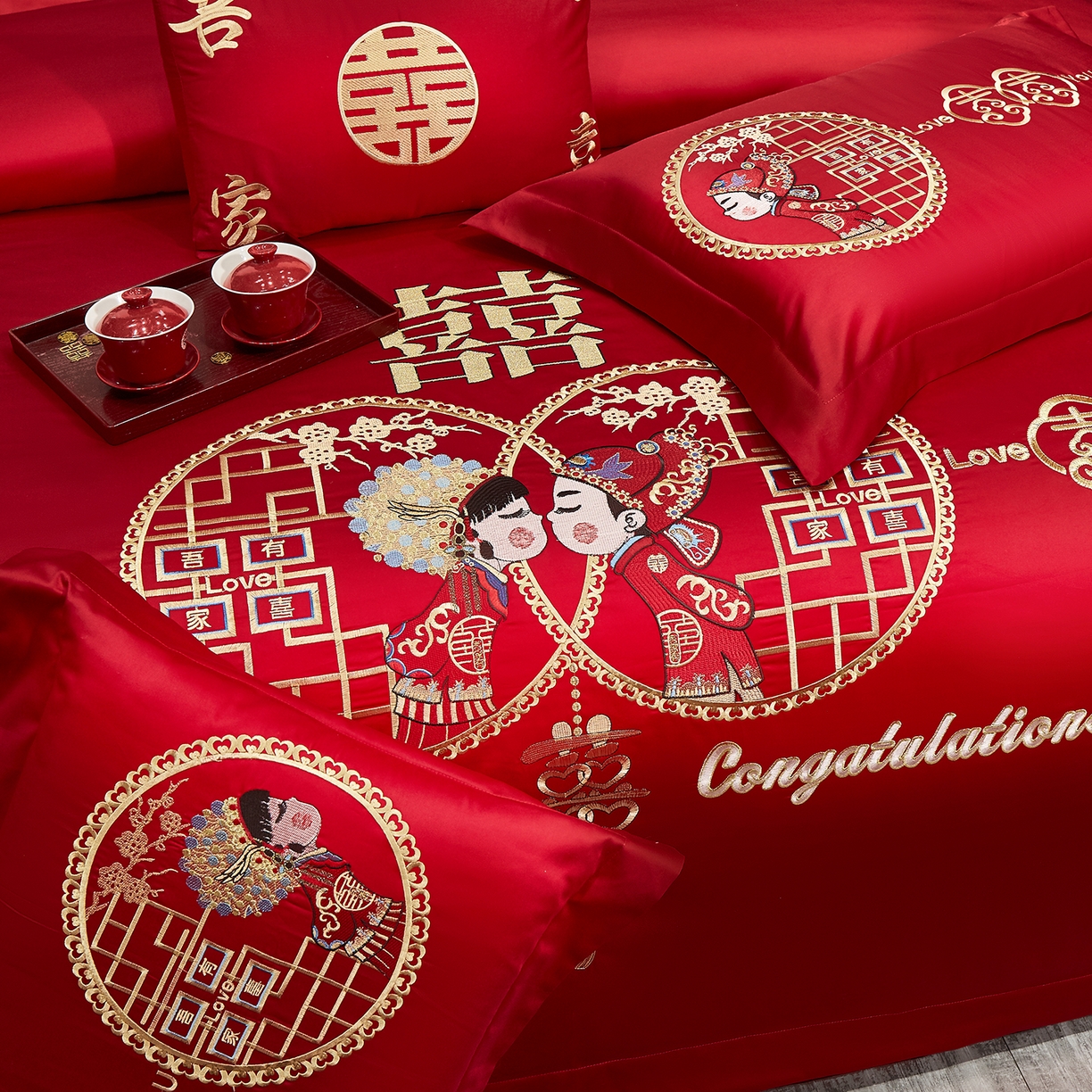 91家纺网 家纺一手货源 找家纺 浩情国际婚庆供货中心 2026新款100%全棉长绒棉纯棉婚庆四件套结婚刺绣六件套多件套长期供货 （提供买家秀） 郎才女貌-金