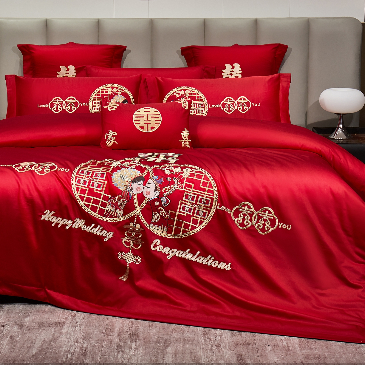 91家纺网 家纺一手货源 找家纺 浩情国际婚庆供货中心 2026新款100%全棉长绒棉纯棉婚庆四件套结婚刺绣六件套多件套长期供货 （提供买家秀） 郎才女貌-金