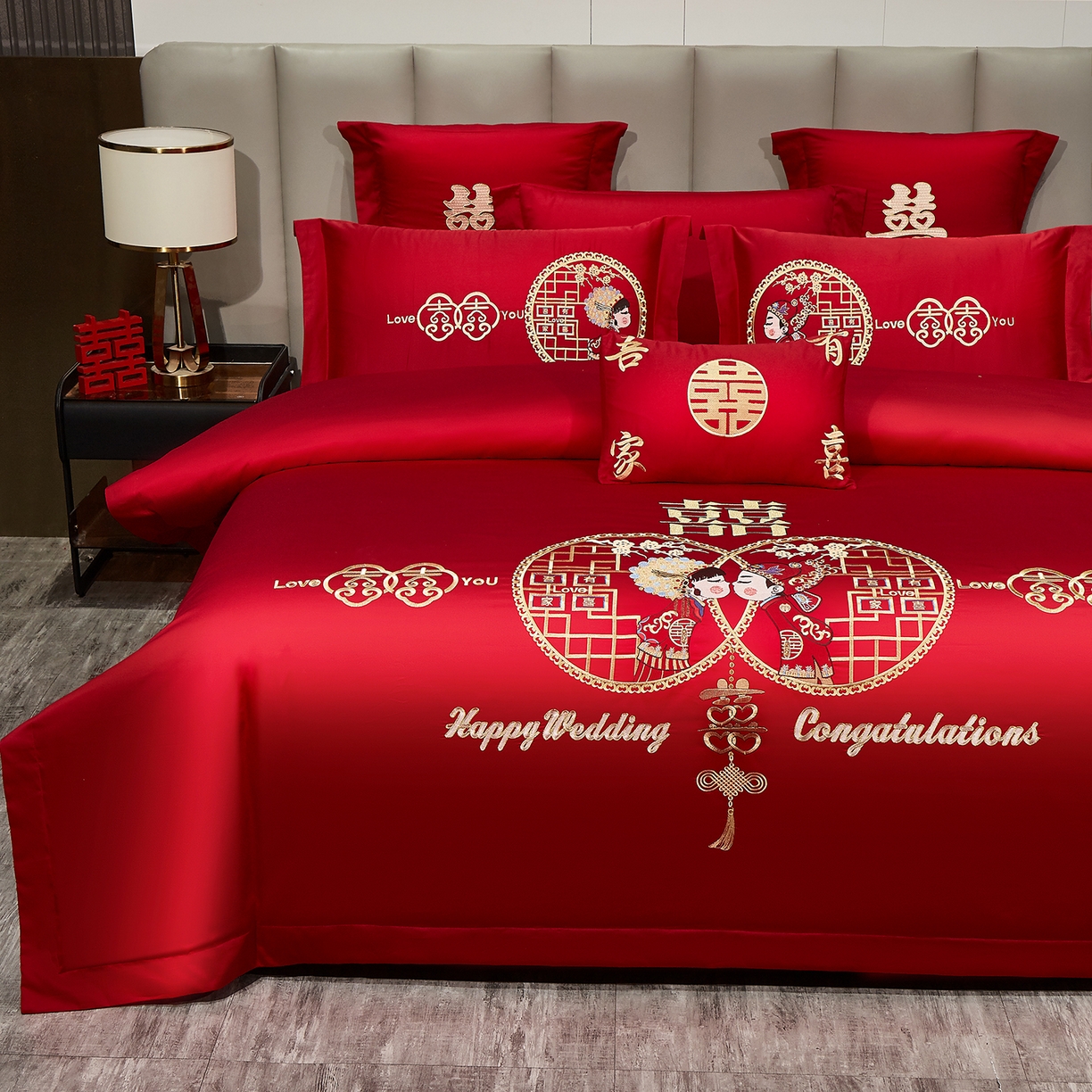 91家纺网 家纺一手货源 找家纺 浩情国际婚庆供货中心 2026新款100%全棉长绒棉纯棉婚庆四件套结婚刺绣六件套多件套长期供货 （提供买家秀） 郎才女貌-金