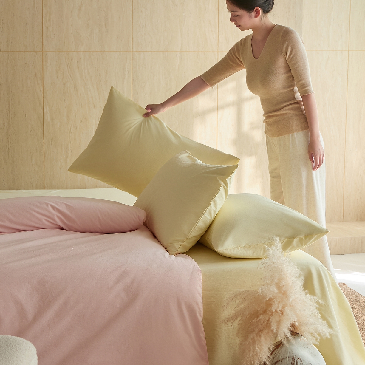 91家纺网 家纺一手货源 找家纺 （总）轩和家居 2026新款全棉高支旧感砂洗长绒棉拼色四件套