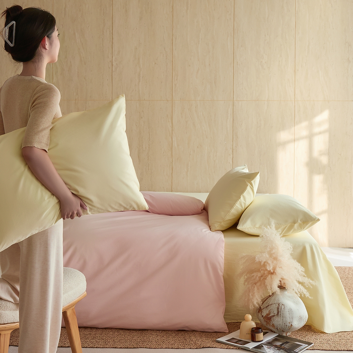 91家纺网 家纺一手货源 找家纺 （总）轩和家居 2026新款全棉高支旧感砂洗长绒棉拼色四件套