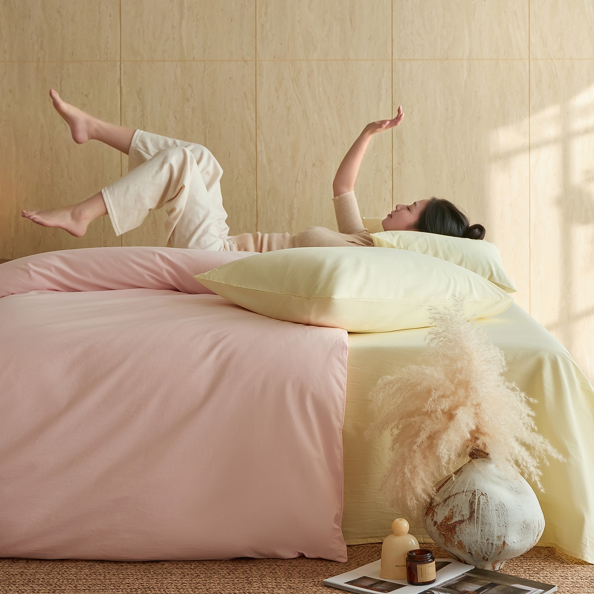 91家纺网 家纺一手货源 找家纺 （总）轩和家居 2026新款全棉高支旧感砂洗长绒棉拼色四件套