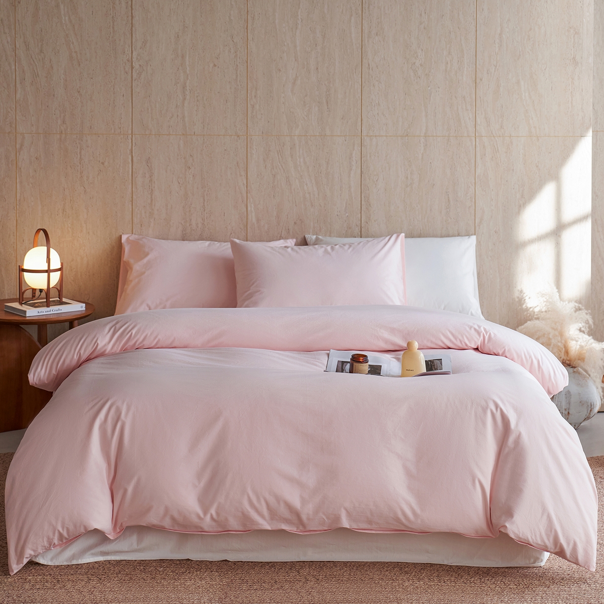 轩和家居 2026新款全棉高支旧感砂洗长绒棉拼色四件套 薄樱粉+浅云白