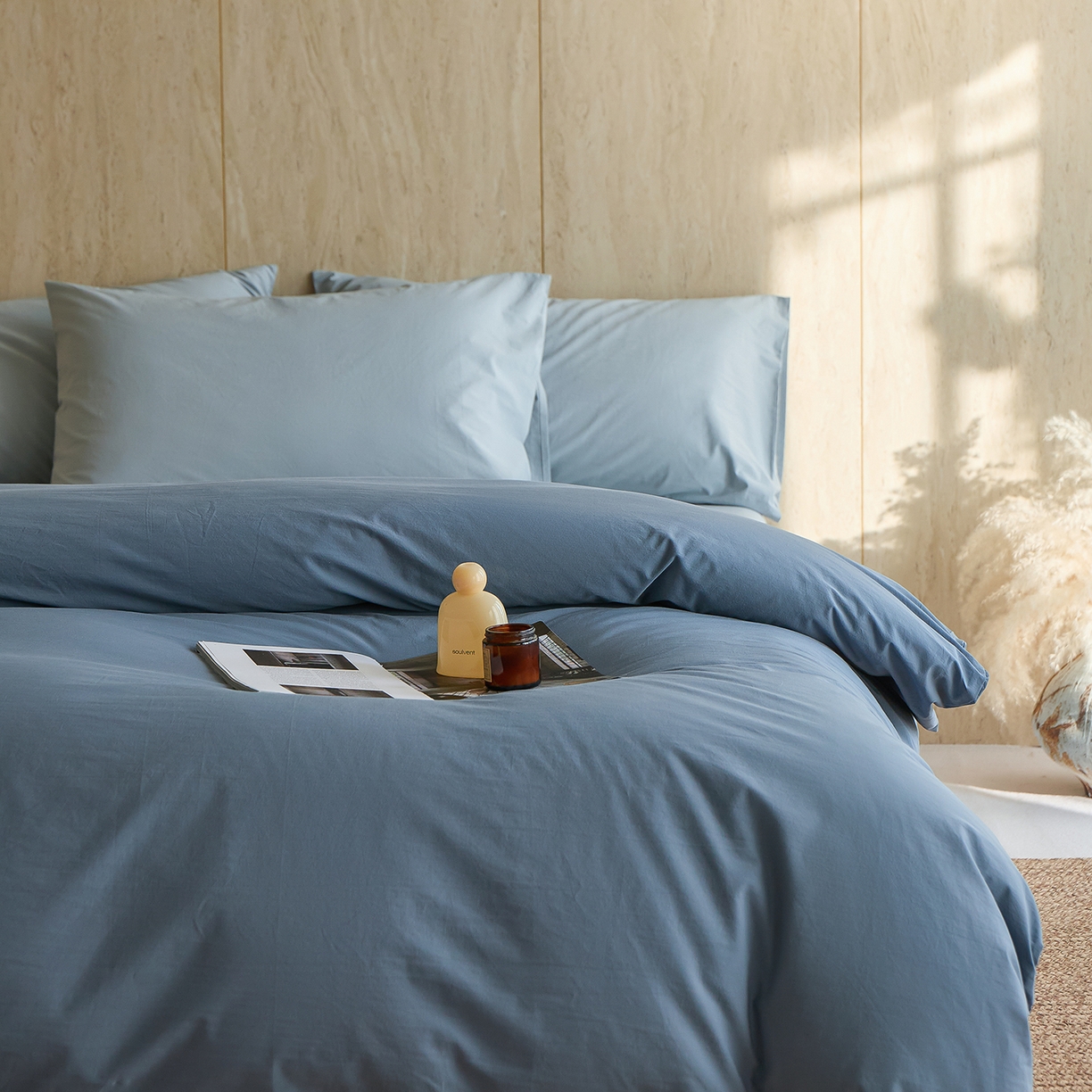 91家纺网 家纺一手货源 找家纺 轩和家居 2026新款全棉高支旧感砂洗长绒棉拼色四件套 霁兰色+松石绿