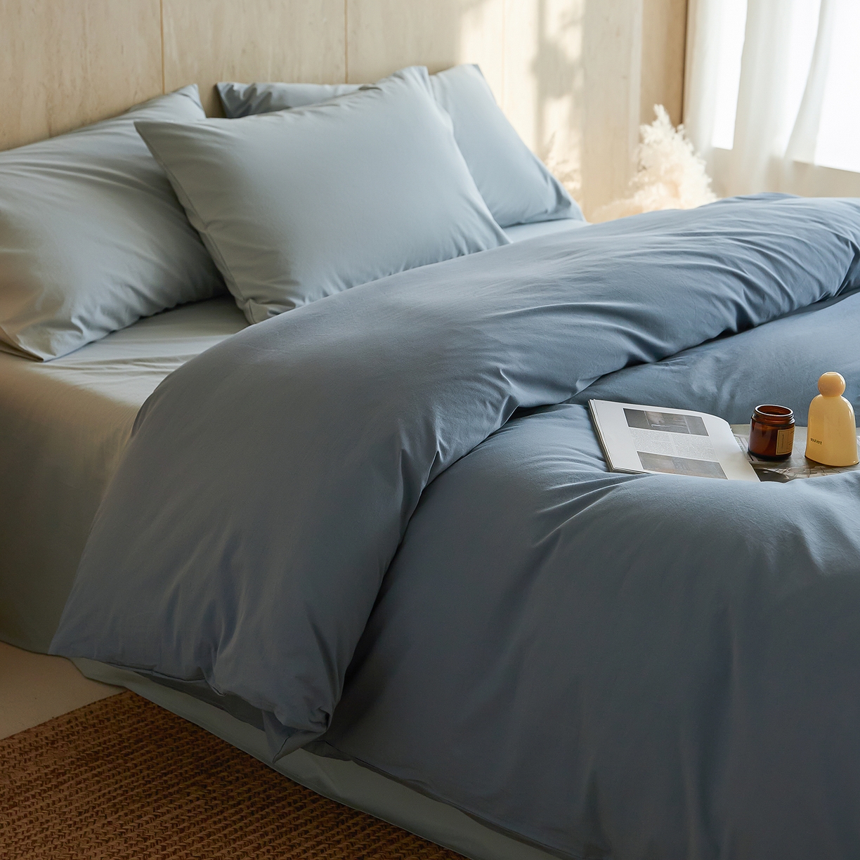 91家纺网 家纺一手货源 找家纺 轩和家居 2026新款全棉高支旧感砂洗长绒棉拼色四件套 霁兰色+松石绿