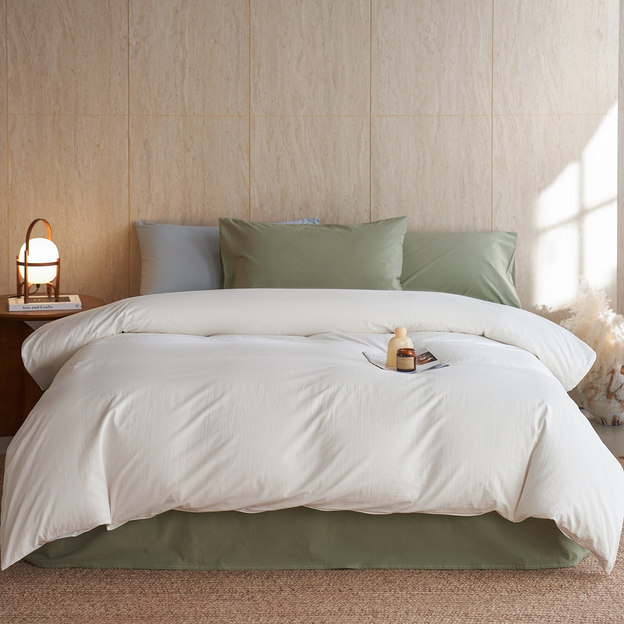 轩和家居 2026新款全棉高支旧感砂洗长绒棉拼色四件套 浅云白+青绿色