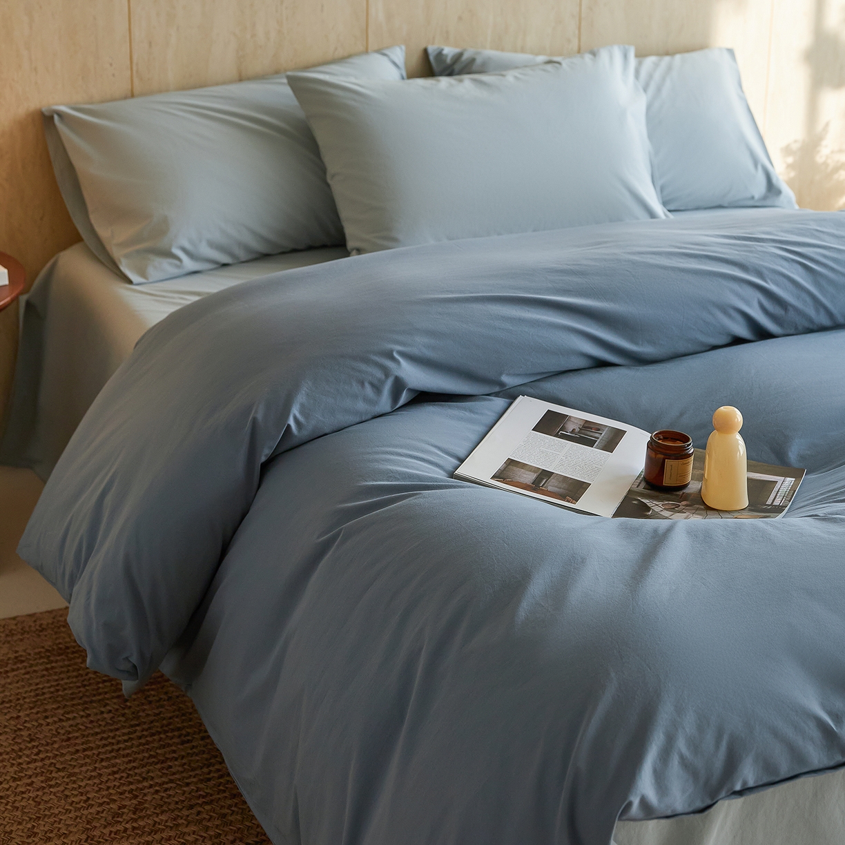 91家纺网 家纺一手货源 找家纺 轩和家居 2026新款全棉高支旧感砂洗长绒棉拼色四件套 霁兰色+松石绿