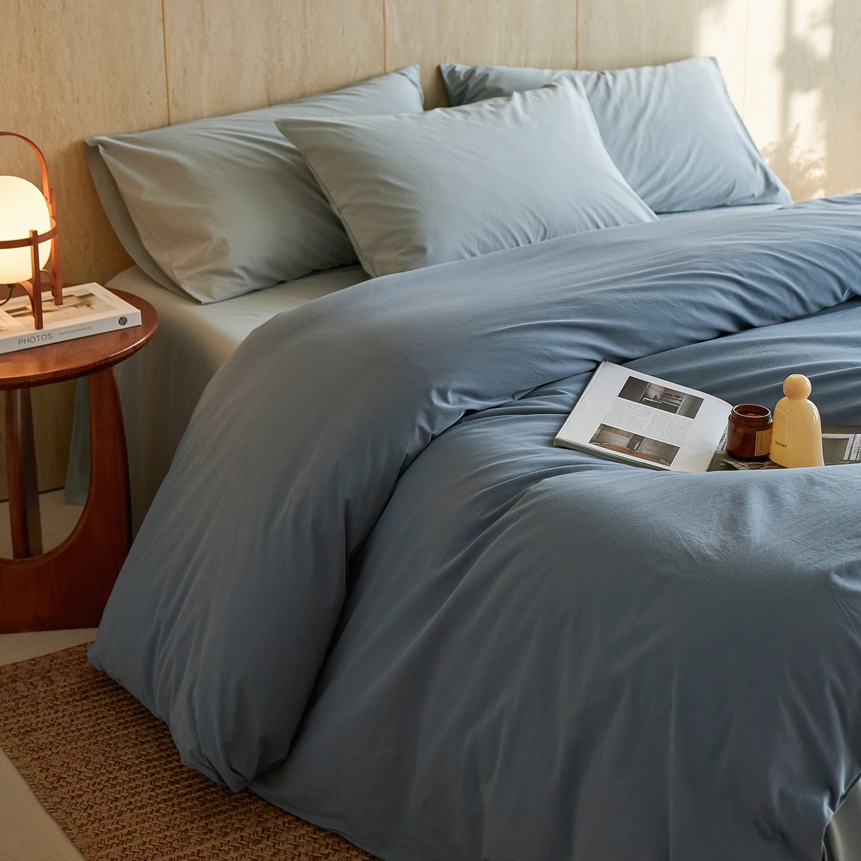 91家纺网 家纺一手货源 找家纺 轩和家居 2026新款全棉高支旧感砂洗长绒棉拼色四件套 霁兰色+松石绿