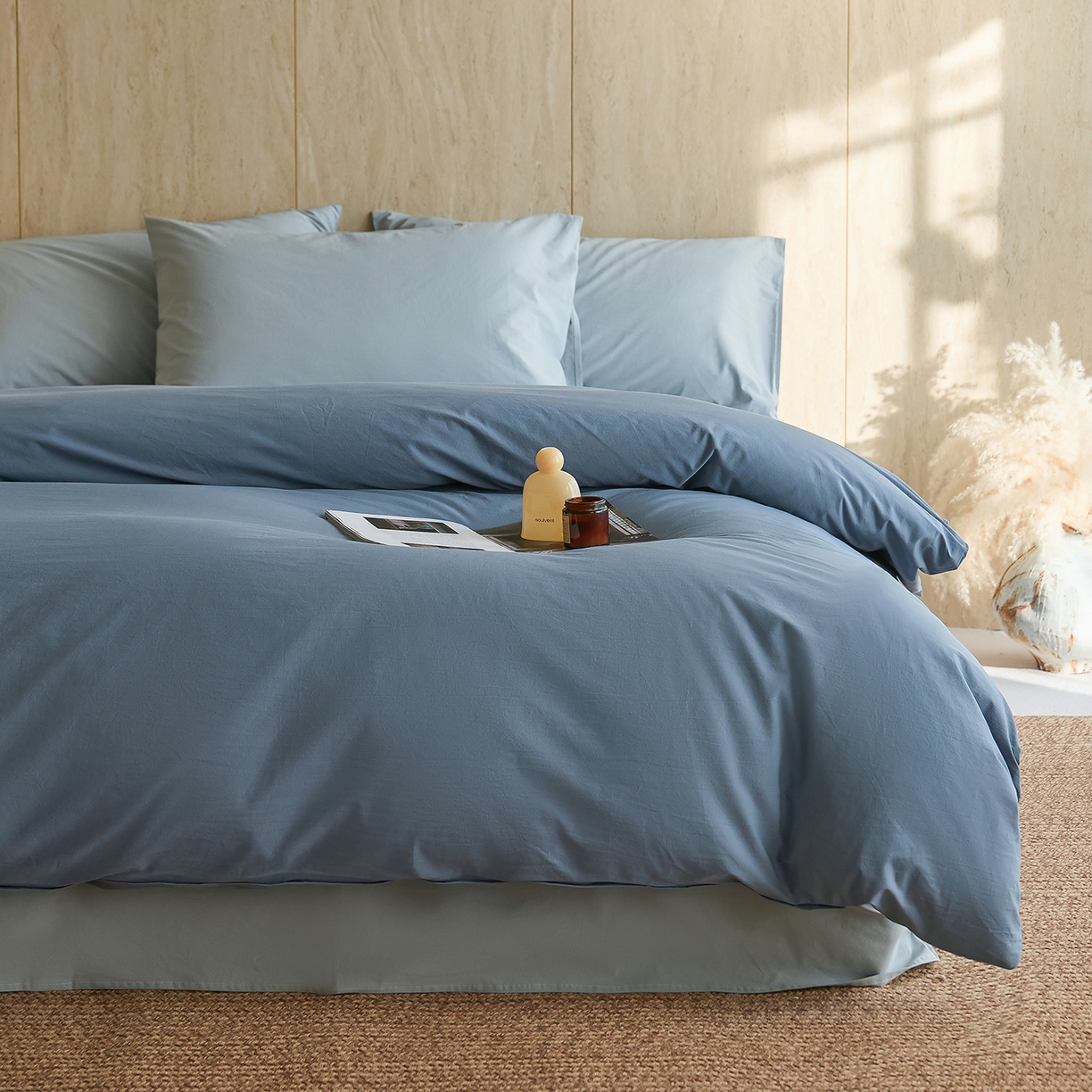 91家纺网 家纺一手货源 找家纺 轩和家居 2026新款全棉高支旧感砂洗长绒棉拼色四件套 霁兰色+松石绿