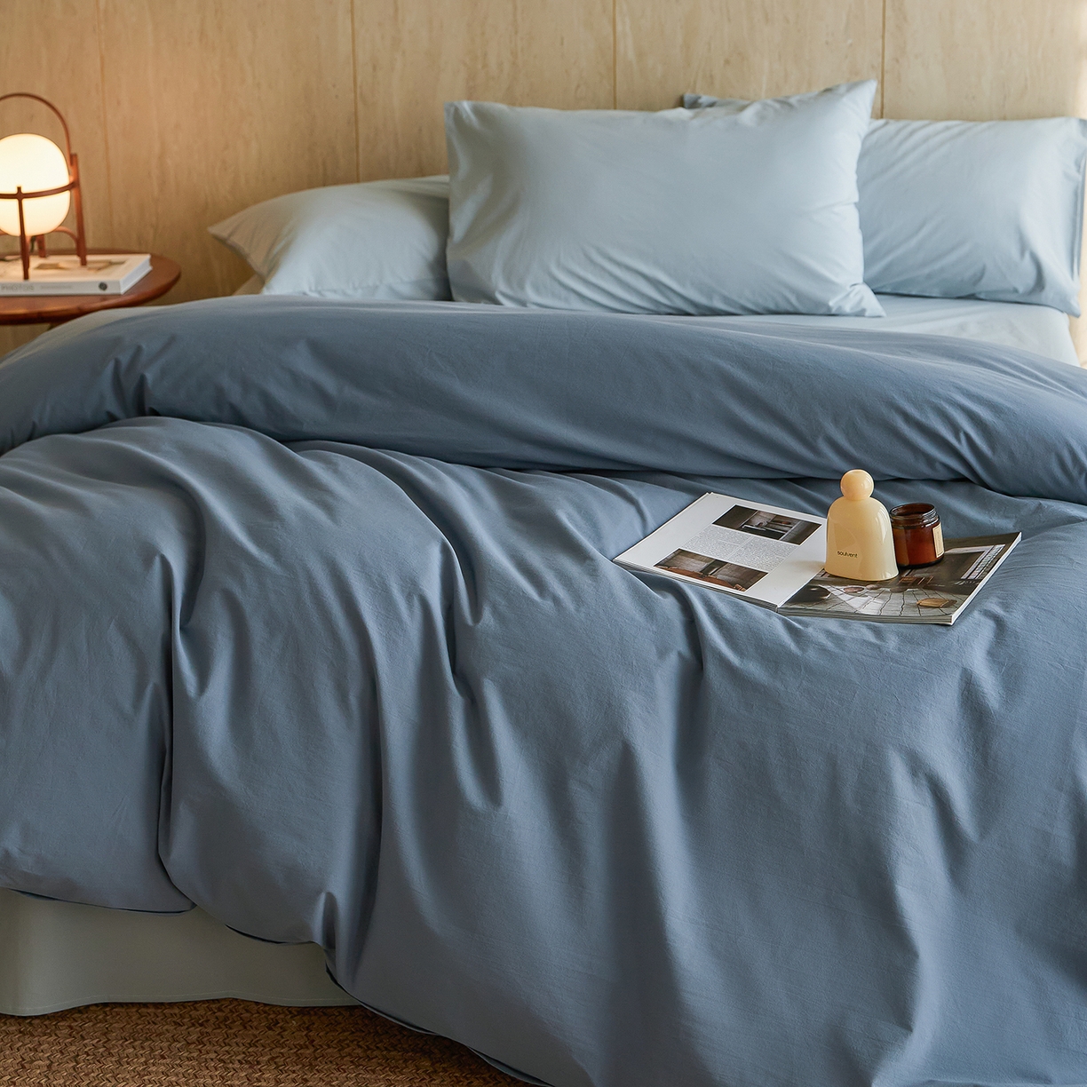 91家纺网 家纺一手货源 找家纺 轩和家居 2026新款全棉高支旧感砂洗长绒棉拼色四件套 霁兰色+松石绿