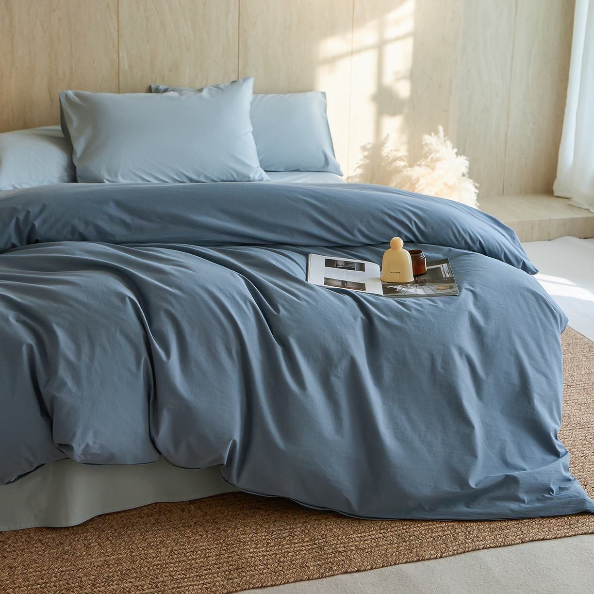 91家纺网 家纺一手货源 找家纺 轩和家居 2026新款全棉高支旧感砂洗长绒棉拼色四件套 霁兰色+松石绿