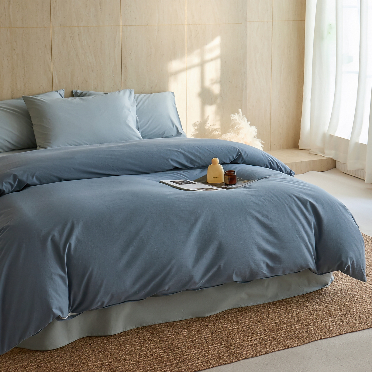 91家纺网 家纺一手货源 找家纺 轩和家居 2026新款全棉高支旧感砂洗长绒棉拼色四件套 霁兰色+松石绿