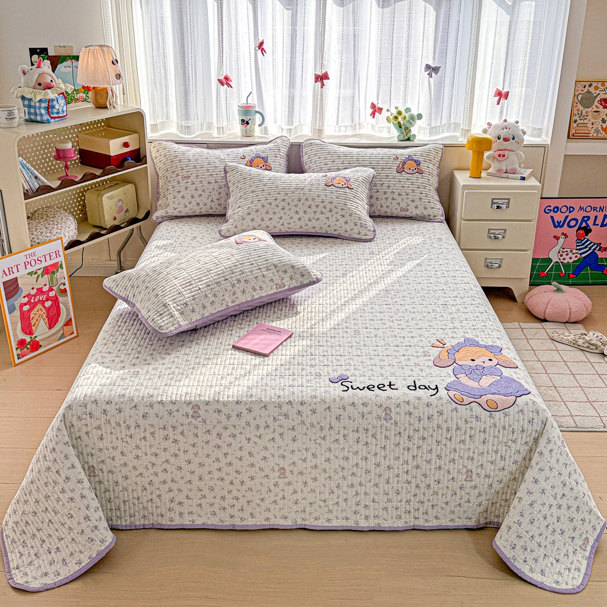 富米莱单品馆 2026新款古法仿棉毛巾绣夹棉床盖床垫床褥床笠-四季款系列 安妮女孩