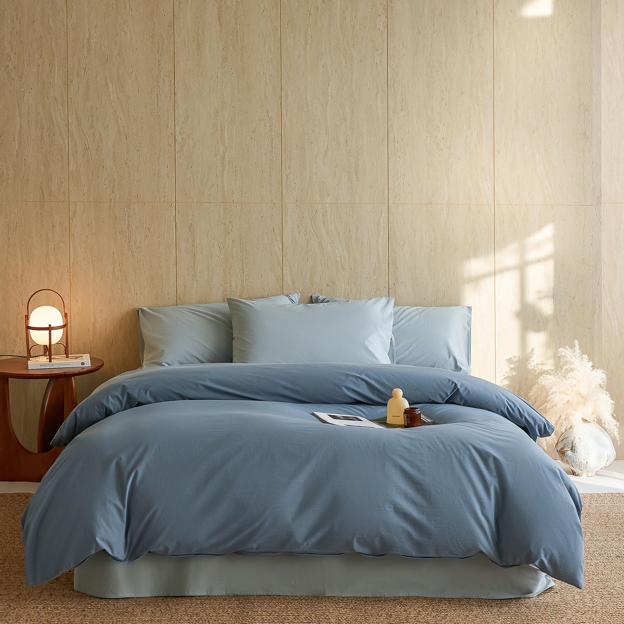 轩和家居 2026新款全棉高支旧感砂洗长绒棉拼色四件套 霁兰色+松石绿