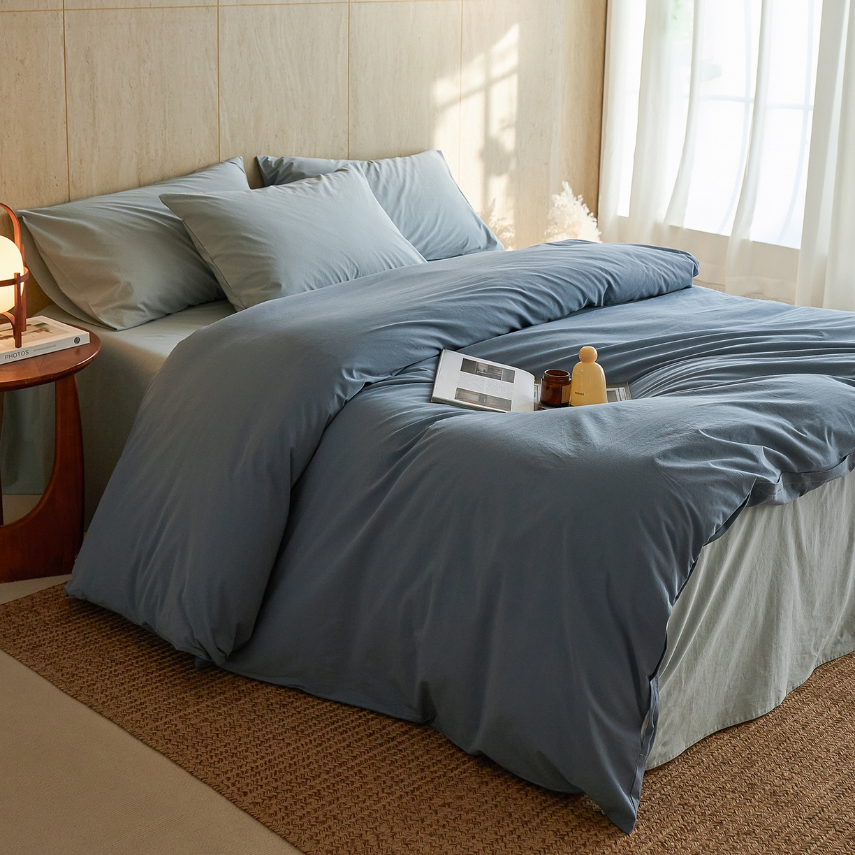 91家纺网 家纺一手货源 找家纺 轩和家居 2026新款全棉高支旧感砂洗长绒棉拼色四件套 霁兰色+松石绿