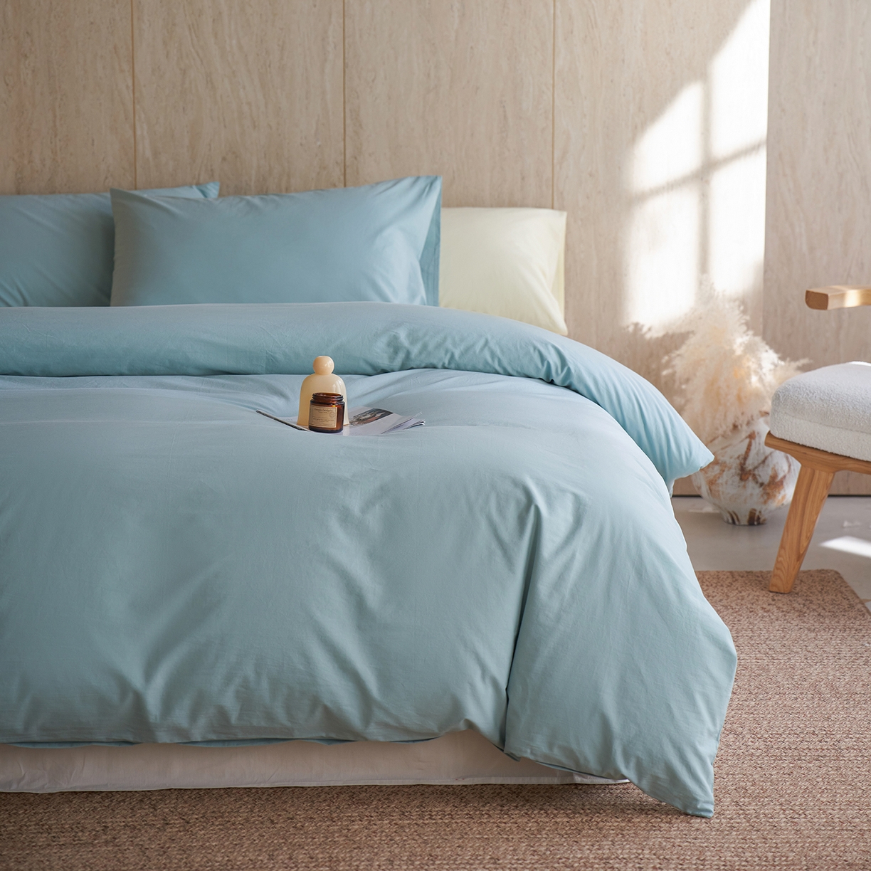 91家纺网 家纺一手货源 找家纺 轩和家居 2026新款全棉高支旧感砂洗长绒棉拼色四件套 松石绿+浅云白