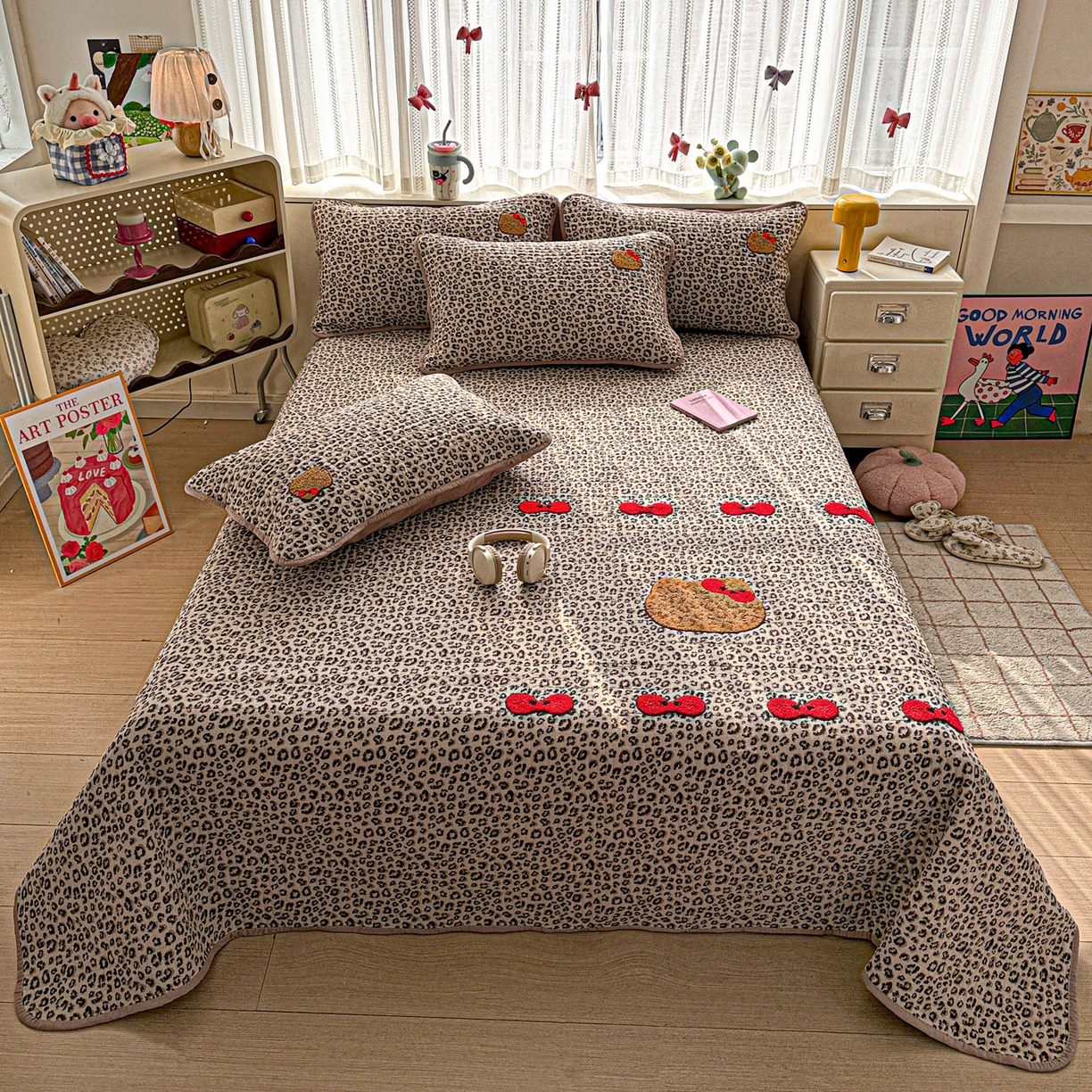 富米莱单品馆 2026新款古法仿棉毛巾绣夹棉床盖床垫床褥床笠-四季款系列 豹纹蝴蝶结