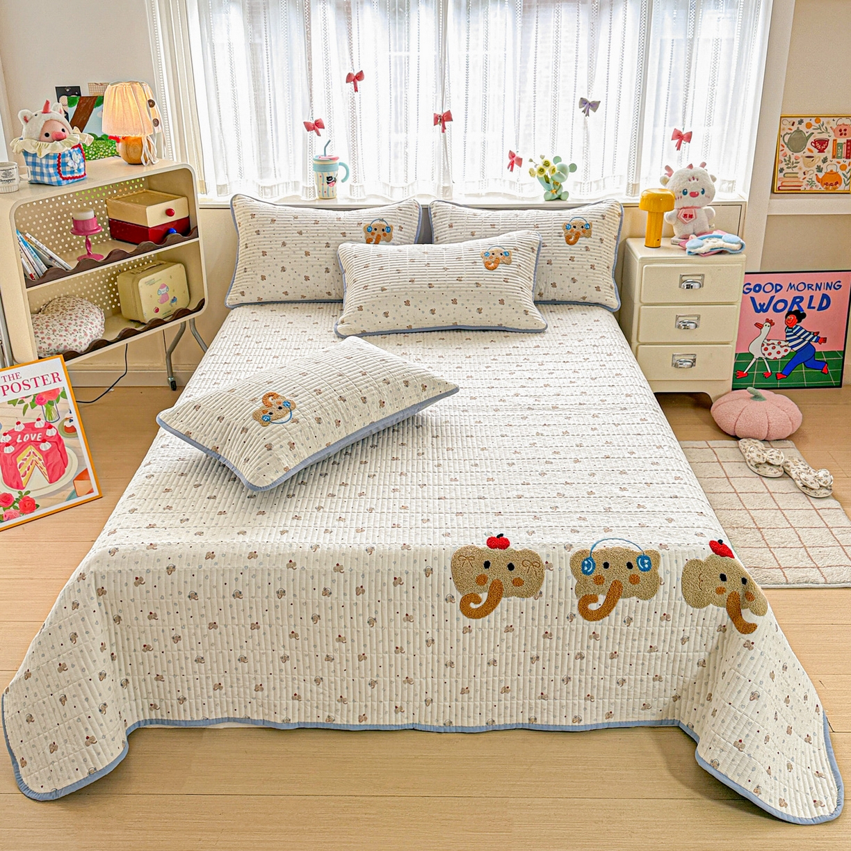 富米莱单品馆 2026新款古法仿棉毛巾绣夹棉床盖床垫床褥床笠-四季款系列 可爱小象