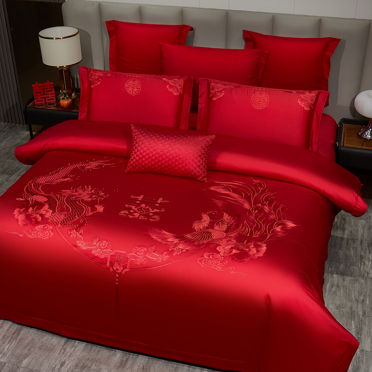 91家纺网 家纺一手货源 找家纺 浩情国际婚庆供货中心 2026新款100%全棉长绒棉纯棉婚庆四件套结婚刺绣六件套多件套长期供货 （提供买家秀） 龙凤之恋-红