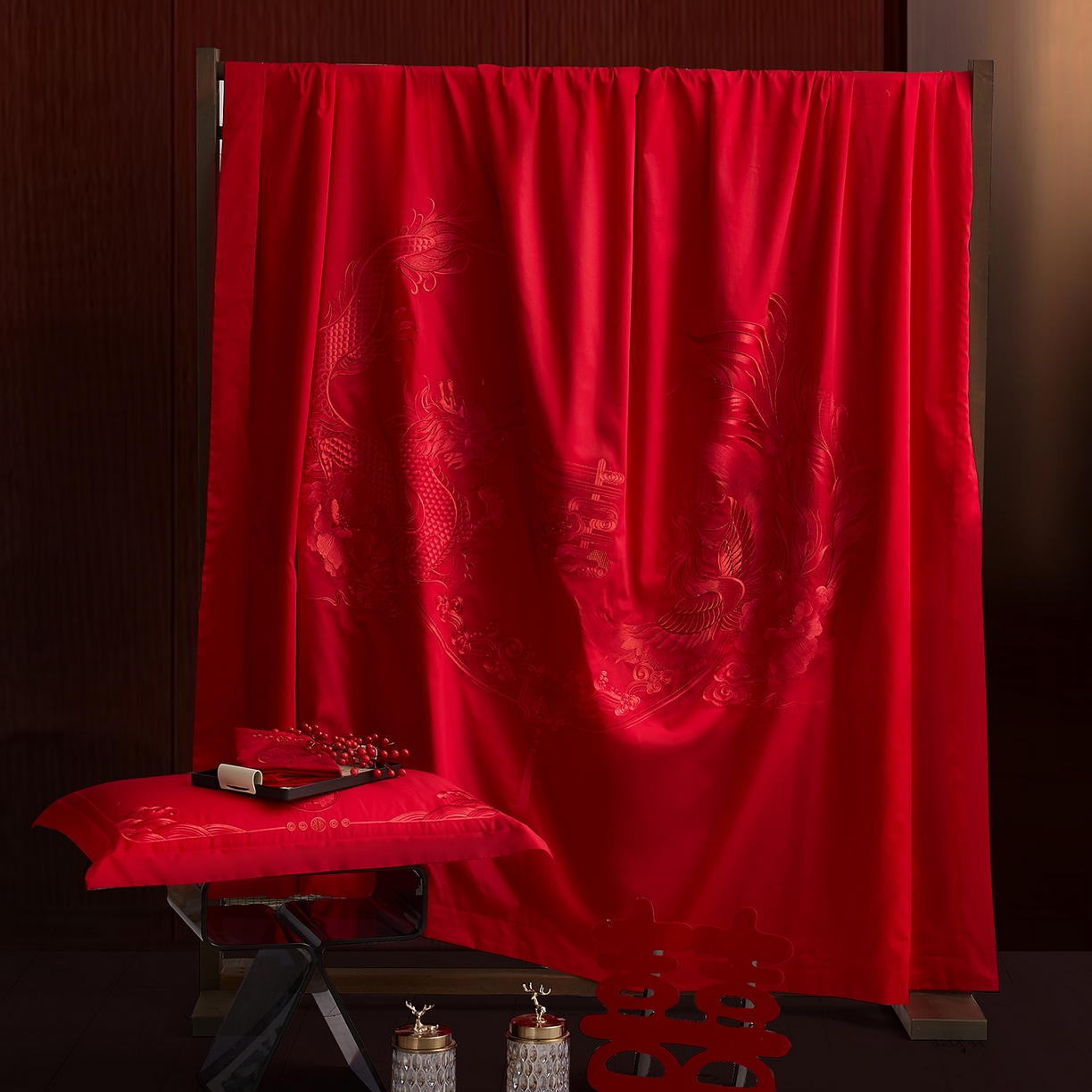 91家纺网 家纺一手货源 找家纺 浩情国际婚庆供货中心 2026新款100%全棉长绒棉纯棉婚庆四件套结婚刺绣六件套多件套长期供货 （提供买家秀） 龙凤之恋-红