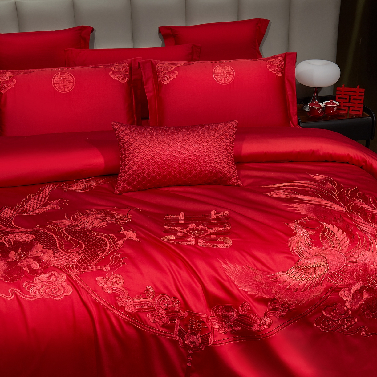 91家纺网 家纺一手货源 找家纺 浩情国际婚庆供货中心 2026新款100%全棉长绒棉纯棉婚庆四件套结婚刺绣六件套多件套长期供货 （提供买家秀） 龙凤之恋-红