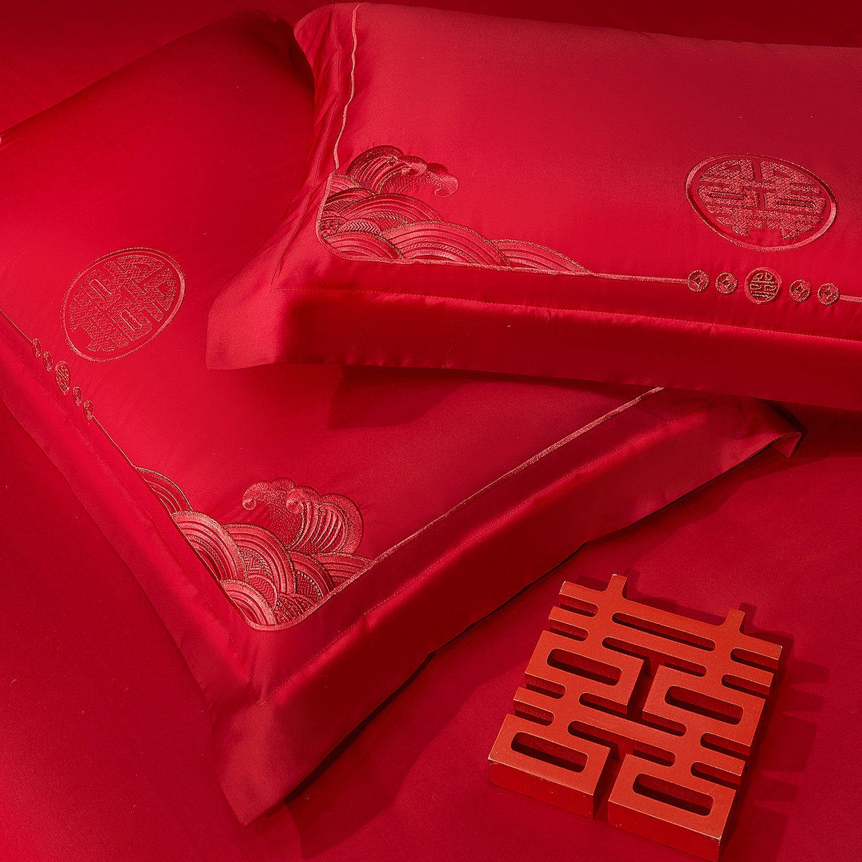 91家纺网 家纺一手货源 找家纺 浩情国际婚庆供货中心 2026新款100%全棉长绒棉纯棉婚庆四件套结婚刺绣六件套多件套长期供货 （提供买家秀） 龙凤之恋-红