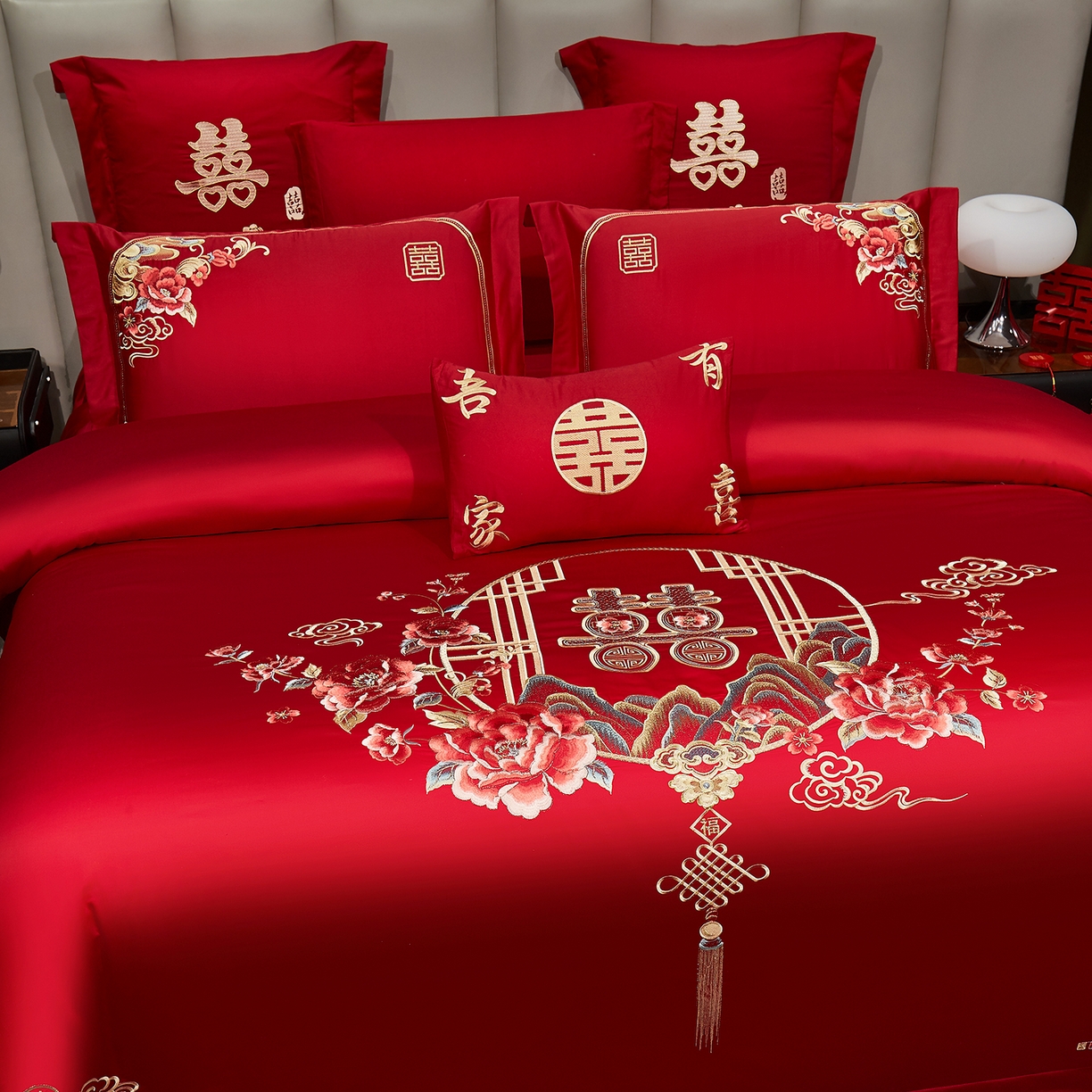 91家纺网 家纺一手货源 找家纺 浩情国际婚庆供货中心 2026新款100%全棉长绒棉纯棉婚庆四件套结婚刺绣六件套多件套长期供货 （提供买家秀） 荣华富贵-金