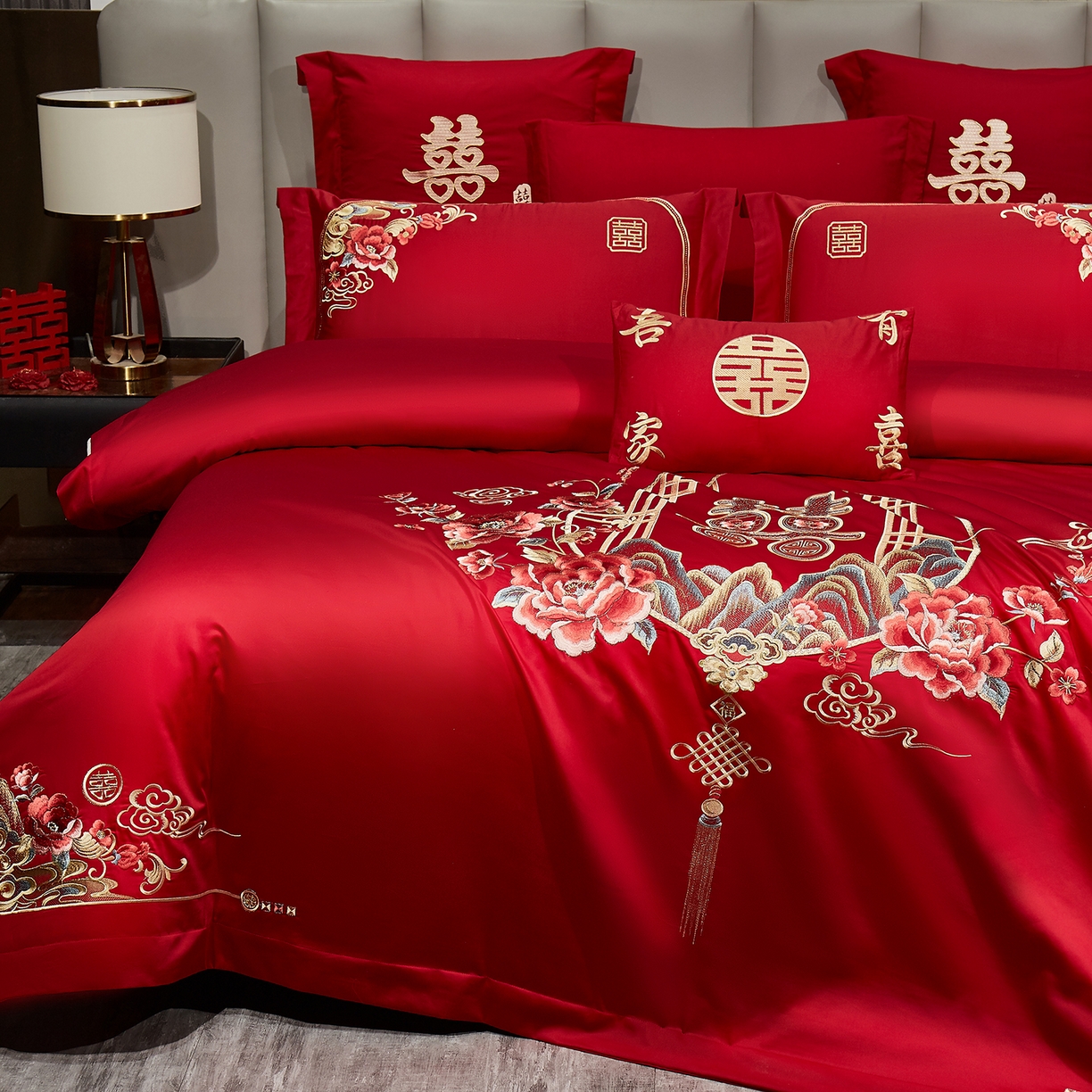 91家纺网 家纺一手货源 找家纺 浩情国际婚庆供货中心 2026新款100%全棉长绒棉纯棉婚庆四件套结婚刺绣六件套多件套长期供货 （提供买家秀） 荣华富贵-金