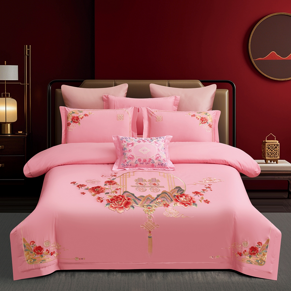 浩情国际婚庆供货中心 2026新款100%全棉长绒棉纯棉婚庆四件套结婚刺绣六件套多件套长期供货 （提供买家秀） 盛世牡丹-粉玉