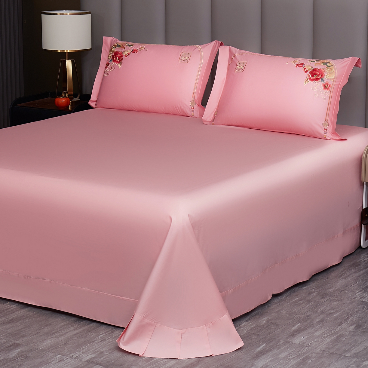 91家纺网 家纺一手货源 找家纺 浩情国际婚庆供货中心 2026新款100%全棉长绒棉纯棉婚庆四件套结婚刺绣六件套多件套长期供货 （提供买家秀） 盛世牡丹-粉玉