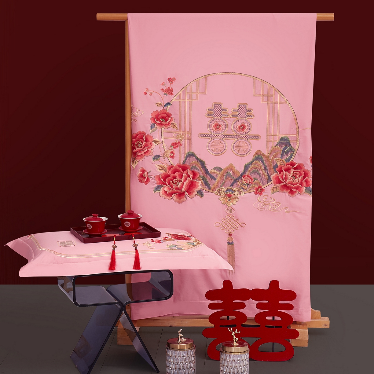 91家纺网 家纺一手货源 找家纺 浩情国际婚庆供货中心 2026新款100%全棉长绒棉纯棉婚庆四件套结婚刺绣六件套多件套长期供货 （提供买家秀） 盛世牡丹-粉玉