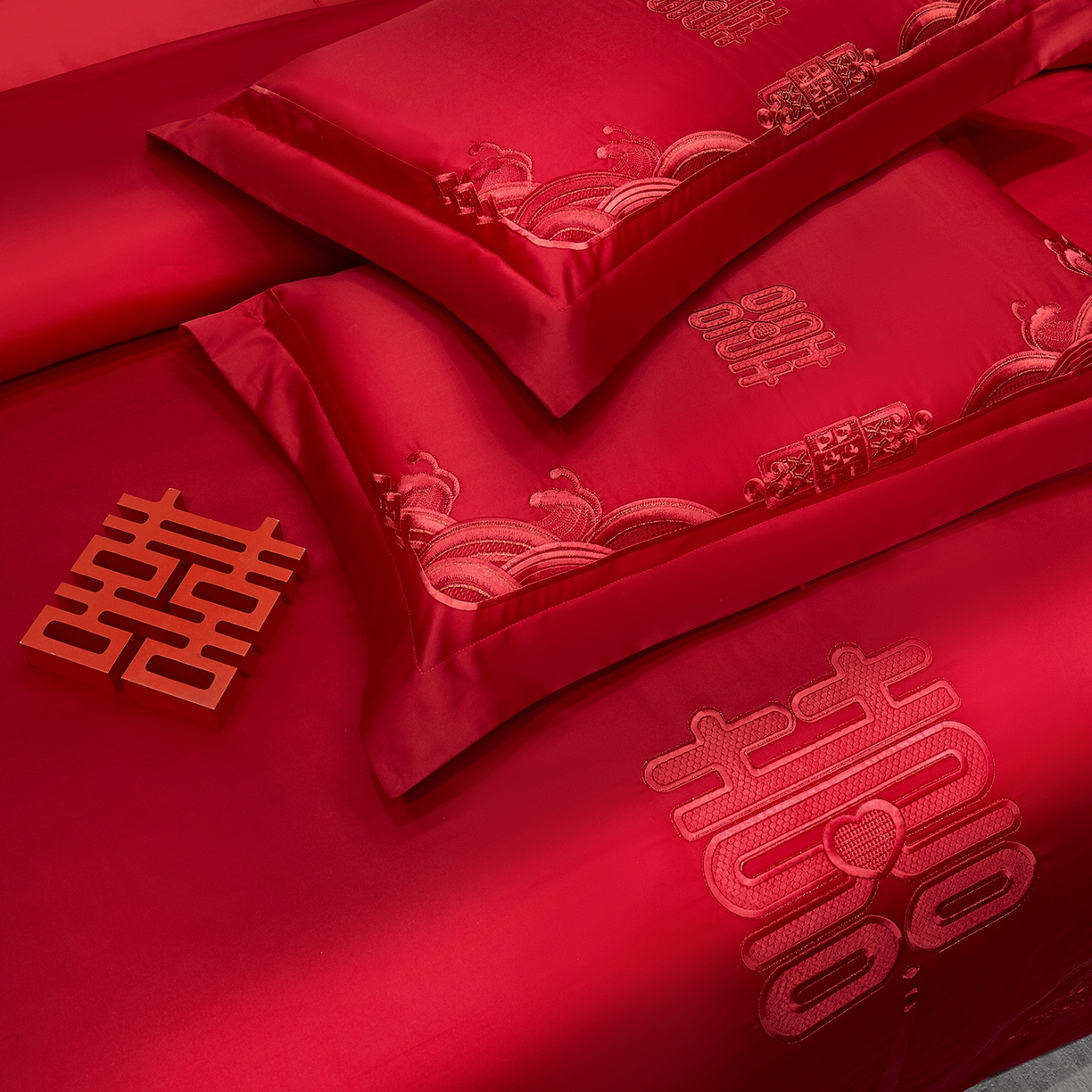 91家纺网 家纺一手货源 找家纺 浩情国际婚庆供货中心 2026新款100%全棉长绒棉纯棉婚庆四件套结婚刺绣六件套多件套长期供货 （提供买家秀） 囍上添花