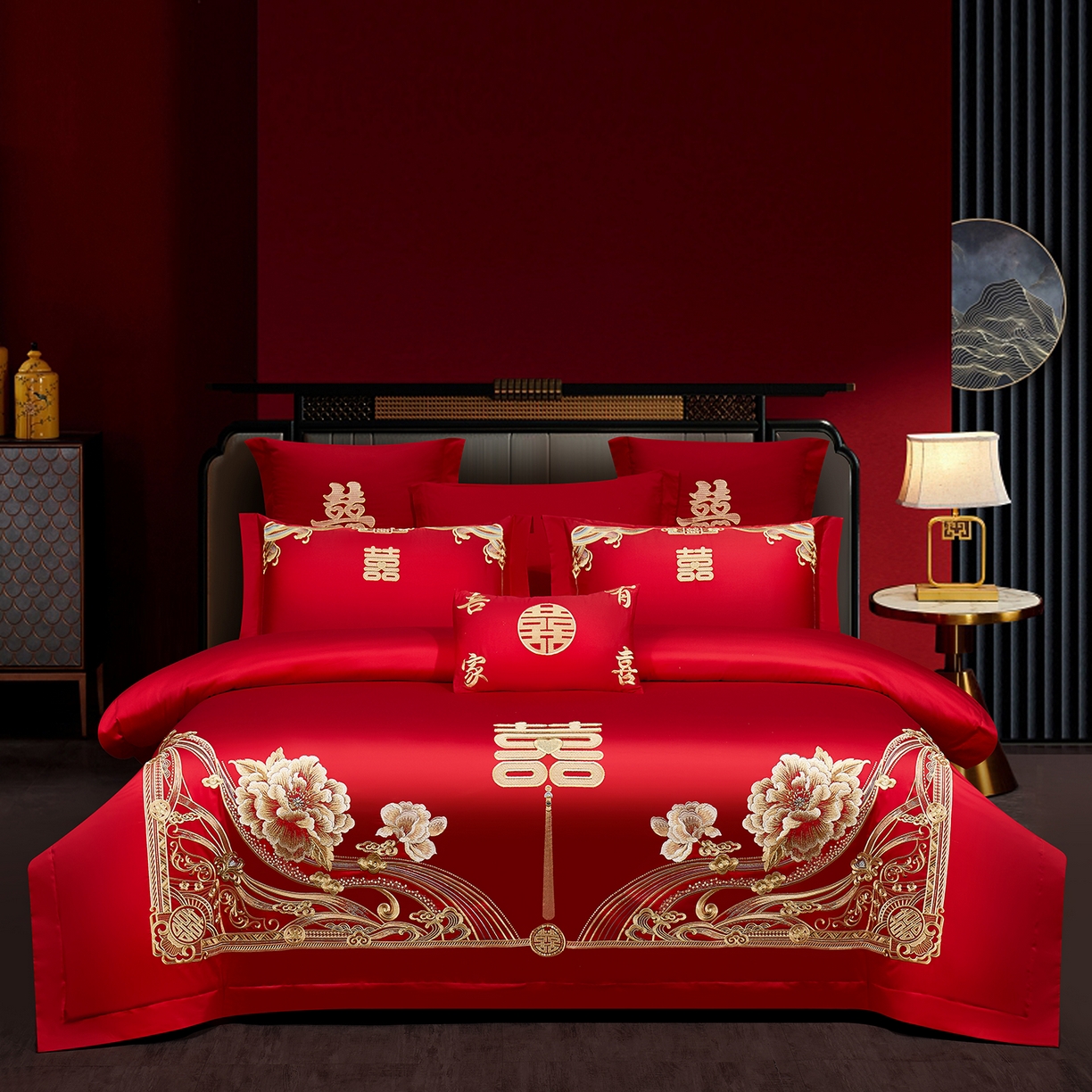 浩情国际婚庆供货中心 2026新款100%全棉长绒棉纯棉婚庆四件套结婚刺绣六件套多件套长期供货 （提供买家秀） 幸福喜嫁-金