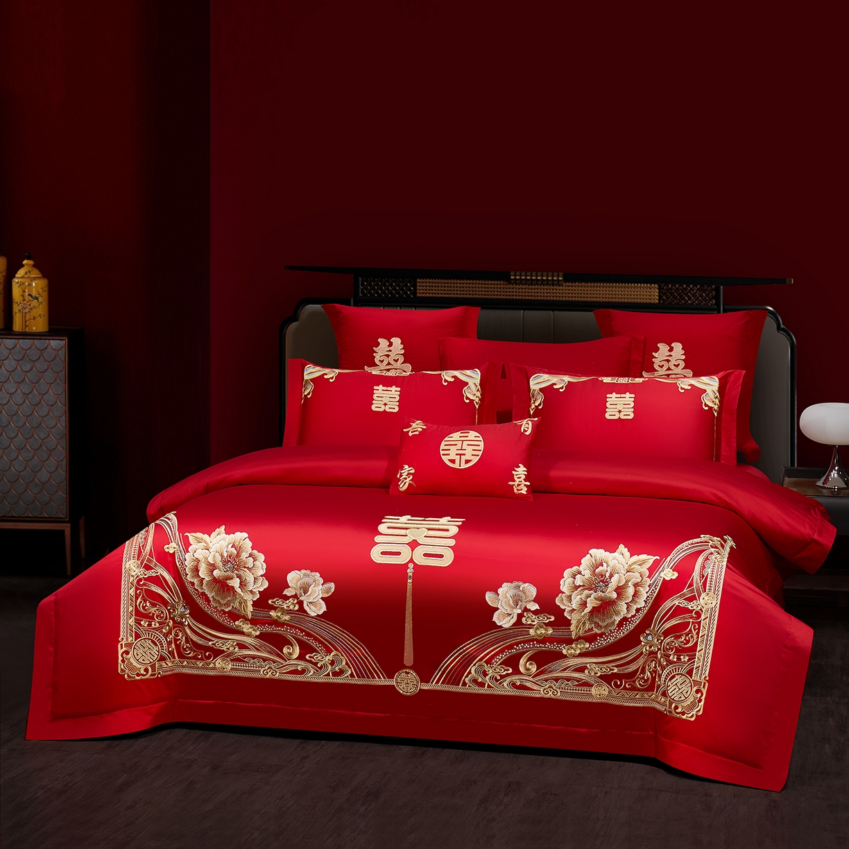 91家纺网 家纺一手货源 找家纺 浩情国际婚庆供货中心 2026新款100%全棉长绒棉纯棉婚庆四件套结婚刺绣六件套多件套长期供货 （提供买家秀） 幸福喜嫁-金